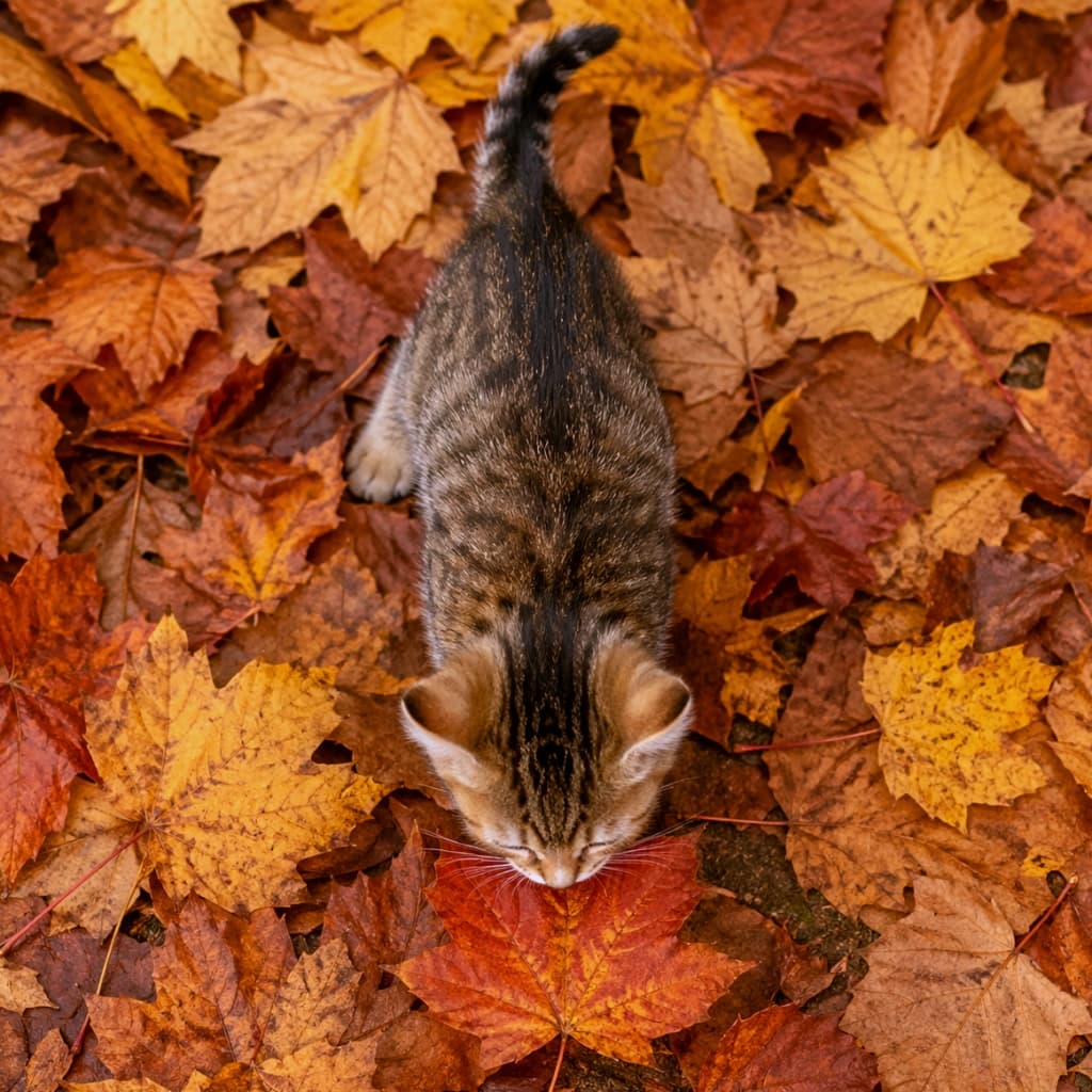 「一面ふかふかの落ち葉の絨毯！🍁🐾 秋の匂い、見つけられたかな？🍂✨ #秋の訪れ #お散歩猫」Ultra-realistic high-quality photograph of a top-down view of a tabby kitten sniffing a bright red maple leaf among colorful autumn leaves. 色鮮やかな秋の落ち葉の上に立ち、赤い紅葉の葉の匂いを嗅ぐキジトラ子猫を真上から撮影した高画質写真