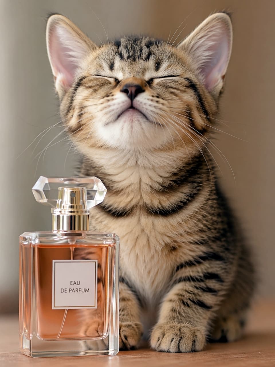「くんくん…うわっ、いい匂いだけど強烈！？😹 香水にびっくりして目を細める表情が最高にキュート✨ #猫の反応 #面白可愛い」Ultra-realistic high-quality photograph of a kitten squinting its eyes tightly while reacting to a strong perfume scent. The head is tilted back, with both ears fully visible and symmetrically framed without any obstruction. 強い香りに反応して目をぎゅっと細め、顔を少しのけぞらせているキジトラ子猫の高画質写真。左右の両耳が隠れることなく左右対称に美しくフレームに収まっており、背景と被写体がくっきりと分離している
