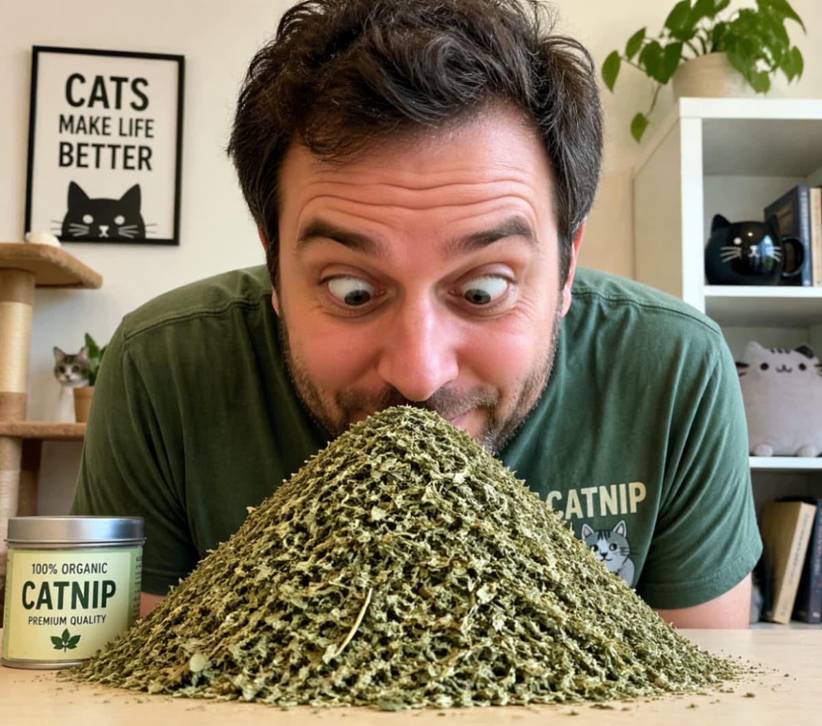 「にゃんてこった！人間もメロメロになる魔法の粉！？🙀 大量のキャットニップに目を輝かせるお兄さん、完全に猫化してます🌿✨」A humorous image of a human man with wide eyes enthusiastically sniffing a giant pile of dried catnip on a table, with a tin of organic catnip beside it. テーブルの上に盛られた巨大なキャットニップの山に顔を近づけ、猫のように目をカッと見開いて匂いを嗅いでいる男性のユーモラスな画像。横にはオーガニックキャットニップの缶が置かれている