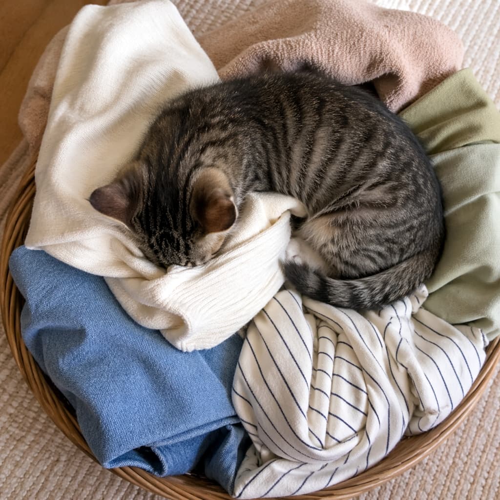 「そこが一番落ち着くのね😌 洗濯物の上でスヤスヤ眠る天使を発見🪽 起こさないようにそっと見守りましょう🤫 #猫あるある #お昼寝」Ultra-realistic high-quality top-down photograph of a tabby kitten curled up and sleeping peacefully on a pile of soft clothes in a laundry basket. カゴいっぱいに積まれたタオルや服など、柔らかな洗濯物の上で丸まって眠るキジトラの子猫を真上から捉えた俯瞰写真