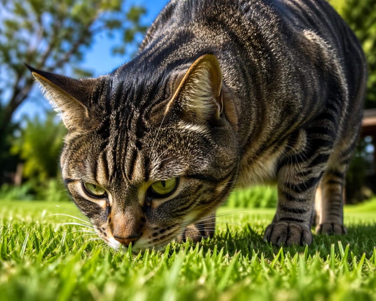 「今日はお庭のパトロールにゃ🐾 低い姿勢で草の匂いをクンクン。真剣な眼差しからハンターの血を感じますね🌿🐈」Ultra-realistic high-quality photograph of a tabby cat outdoors on a sunny day, crouching low and intently sniffing the bright green grass. 晴れた日の屋外で、低い姿勢で青々とした芝生の匂いを嗅ぎながら探索しているキジトラ猫の写真。猫の鋭い視線と毛並みが詳細に描写されている