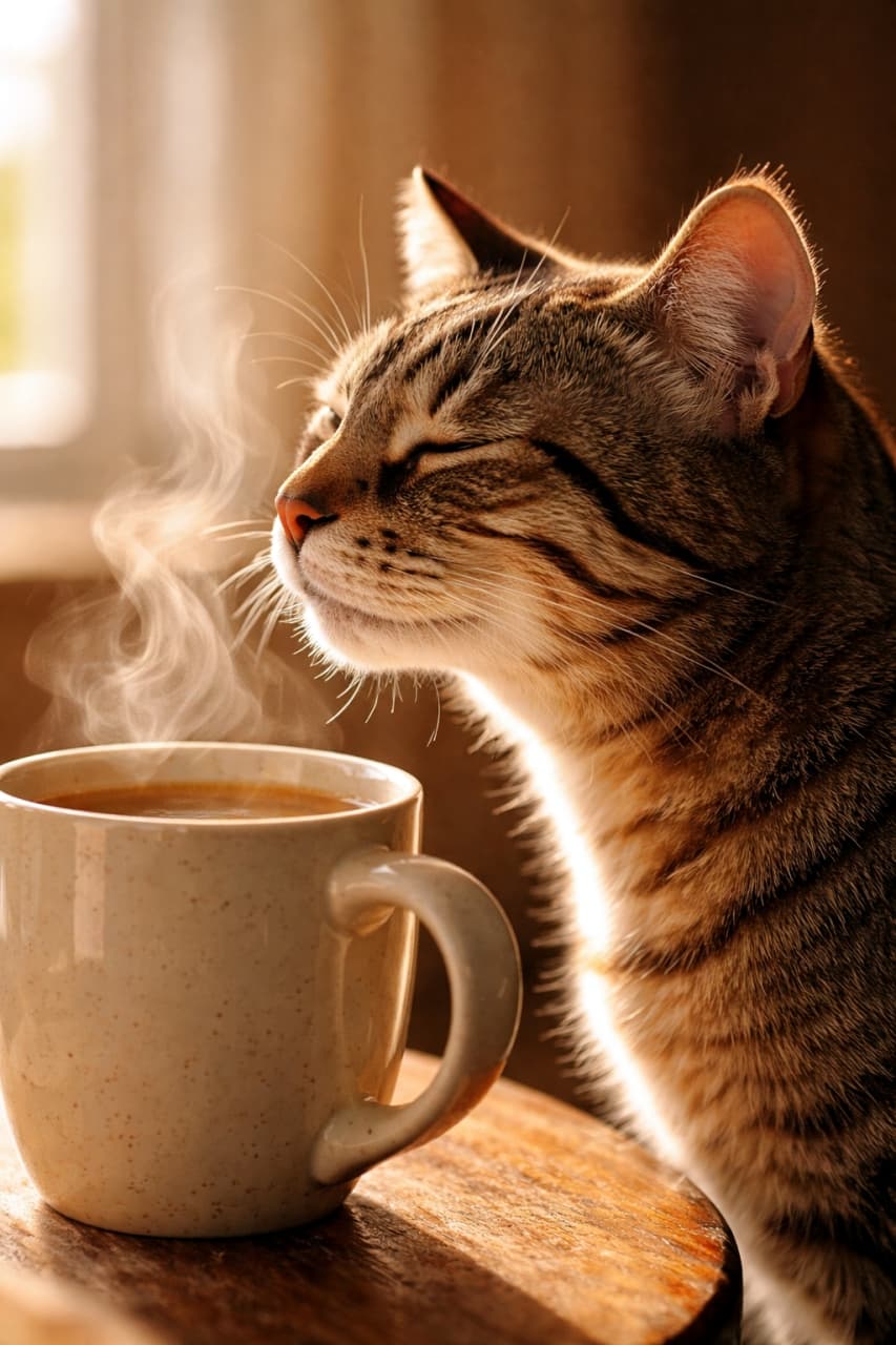 「ほっと一息、コーヒーブレイク☕猫ちゃんも温かい香りに包まれてリラックスタイムにゃん🐈💤」Ultra-realistic high-quality photograph of a tabby cat closing its eyes and enjoying the warm steam and aroma from a mug of coffee by a window. 窓際で、温かい湯気が立つマグカップのコーヒーの香りを嗅ぎながら目を閉じるキジトラ猫の超高画質リアル写真