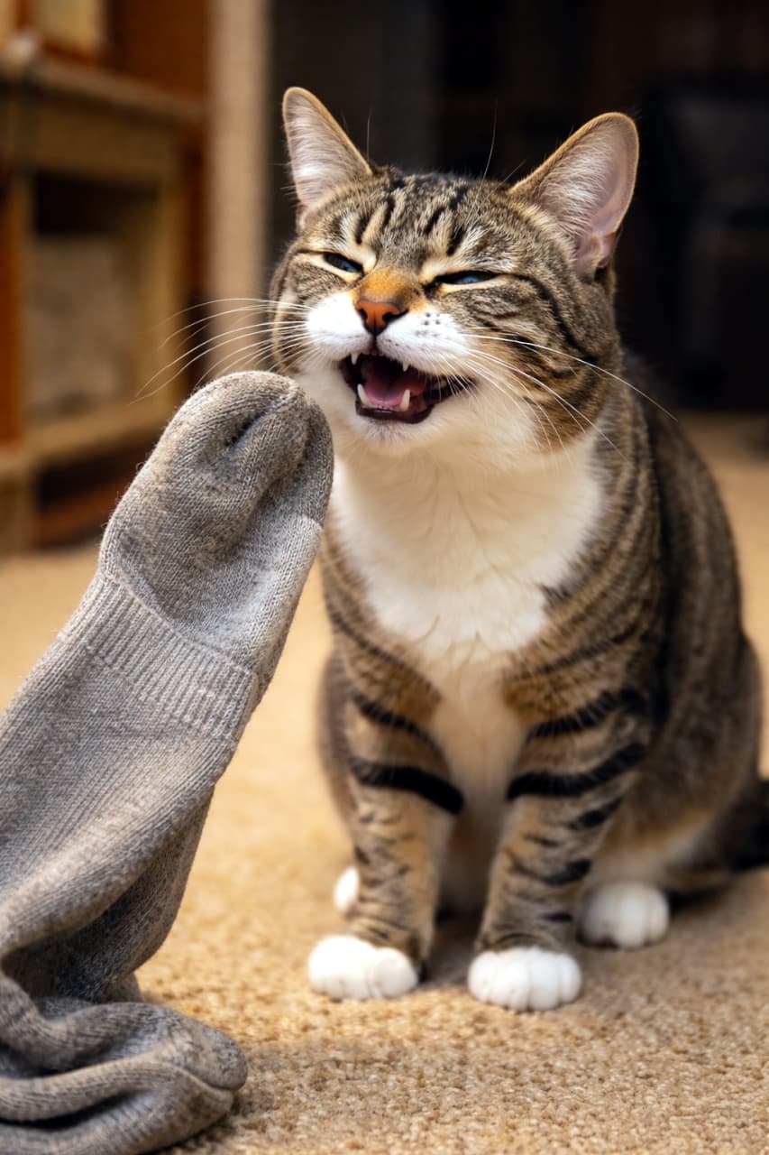 「クチャイけどクセになるニャ！？😹靴下の匂いで思わず変顔になっちゃったキジトラちゃん🧦✨」Ultra-realistic high-quality photograph of a tabby cat showing a flehmen response with an open mouth after smelling a grey sock held in front of it. 差し出されたグレーの靴下の匂いを嗅ぎ、口を半開きにしてフレーメン反応を示すキジトラ猫の超高画質リアル写真