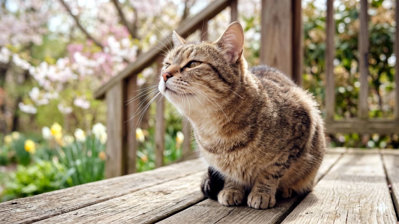 「桜と水仙が咲くお庭で、春の香りを満喫中🌸✨ウッドデッキでくつろぐ猫ちゃんのキラキラした瞳に癒されること間違いなし😻」A highly detailed image of a cute brown tabby cat resting on a wooden deck, craning its neck forward with expressive eyes to catch the scent of spring. The deeply blurred background showcases beautiful blooming cherry blossoms and daffodils in warm sunlight. 木製のデッキに自然な姿勢で座り、興味深そうに首を伸ばして春の空気を楽しむキジトラ猫の高画質な写真。ふんわりとぼけた背景には、暖かい日差しを浴びて咲き誇る桜や黄色い水仙の花が広がっています
