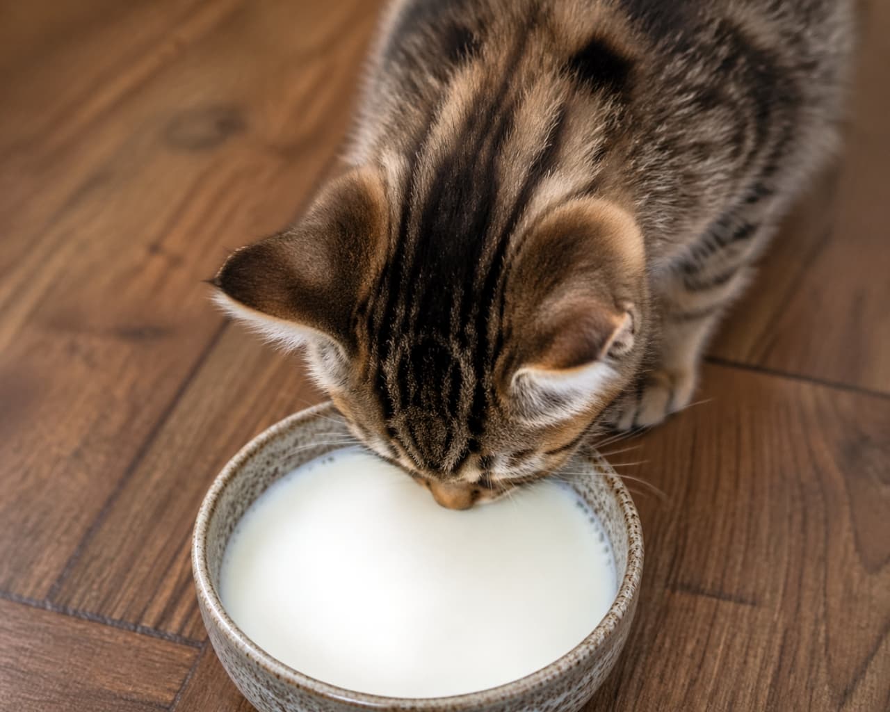 「ごくごくごく…🍼 美味しいミルクに夢中な後ろ姿が尊すぎる🥹 たくさん飲んで大きくなってね✨ #ミルクタイム #猫好きさんと繋がりたい」Ultra-realistic high-quality top-down photograph of a tabby kitten eagerly drinking milk from a ceramic bowl on a wooden floor. 木の床に置かれた陶器のボウルから、夢中になってミルクを飲んでいるキジトラの子猫の俯瞰写真。耳の模様や毛並みが鮮明に写っている
