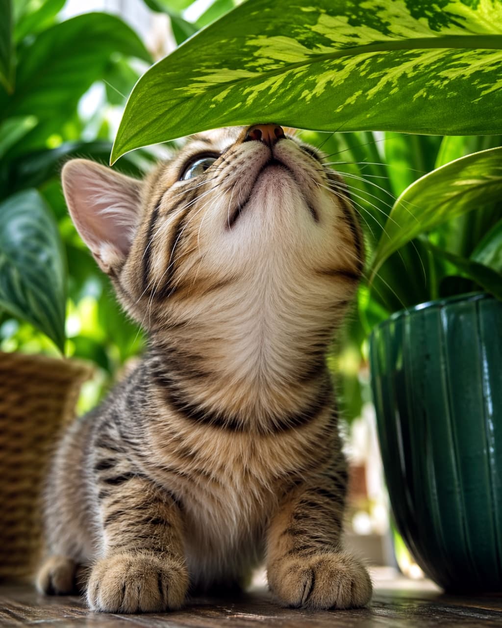 「お家の中はジャングルだ！大きな葉っぱの屋根の下で、子猫の探検隊がゆく！冒険のはじまりだニャ🌿🐾」Ultra-realistic high-quality photograph of a tabby kitten looking up at a large green leaf. Low-angle shot capturing the curiosity in its eyes with detailed plant textures. 観葉植物の大きな葉っぱを見上げる、キジトラの子猫のローアングルショット。葉の脈や猫のつぶらな瞳がはっきりと描写され、冒険心あふれる表情を捉えています