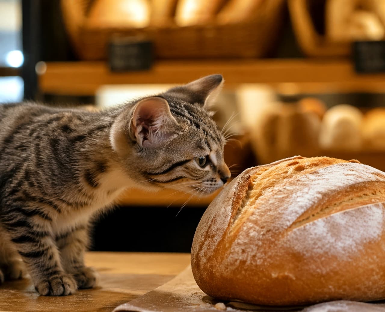 「焼きたてパンの香ばしい匂いに誘われて…🥖🐈 一緒にパン屋さんめぐりしたくなる可愛さですね✨ #パンと猫 #癒しの時間」Ultra-realistic high-quality photograph of a tabby kitten sniffing a fresh baked round loaf of bread on a wooden table, with a warmly lit bakery background. 木製のテーブルに置かれた大きな焼きたての丸いパンの匂いを嗅ぐキジトラの子猫。背景にはパン屋の棚が温かい照明とともにボケて写っている