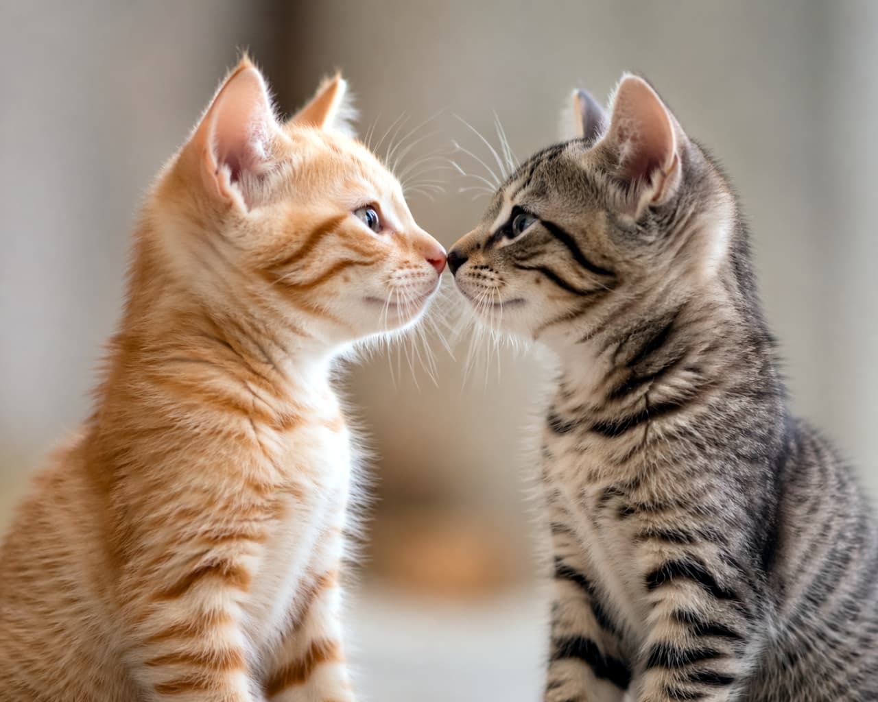 「鼻ツンでご挨拶💕 茶トラちゃんとキジトラちゃんの可愛すぎるスキンシップに、心臓が持ちません…！仲良しなふたりに癒やされて🥰」Ultra-realistic high-quality photograph of an orange tabby kitten and a grey tabby kitten facing each other and touching noses in a sweet greeting, with a soft background. 柔らかな背景の前で、茶トラの子猫とキジトラの子猫が向かい合い、鼻と鼻をくっつけて挨拶をしているロマンチックで愛らしい高画質写真