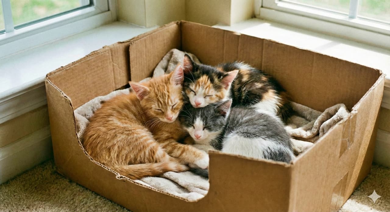 Orange, gray-white, and calico kittens sleep together in a cardboard box lined with a blanket by a bright window. オレンジ・灰白・三毛の子猫が、窓辺の明るい光のそばで毛布を敷いた段ボール箱の中に寄り添って眠っている