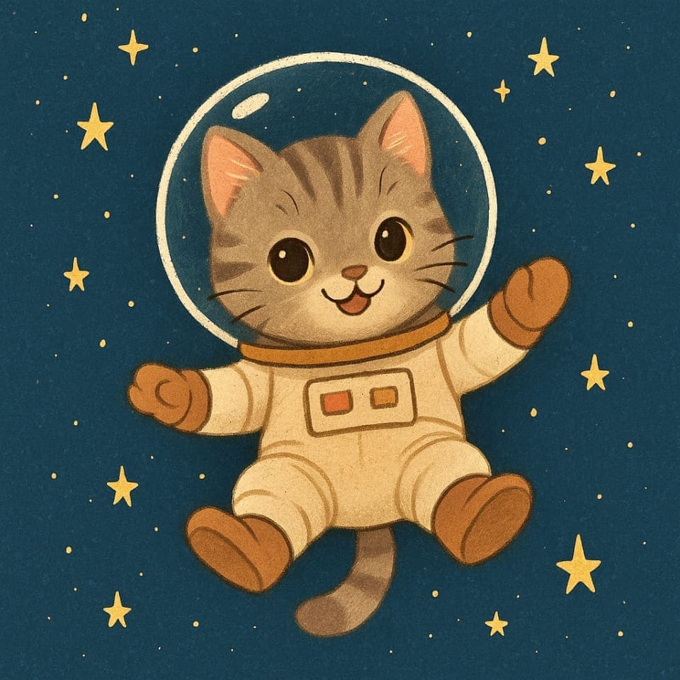 A cartoon gray tabby cat in a beige astronaut suit floats in space, smiling among yellow stars in a dark blue sky. ベージュの宇宙服を着た灰色のタビー猫が宇宙を漂っている。星々に囲まれ、笑顔で浮かぶイラスト
