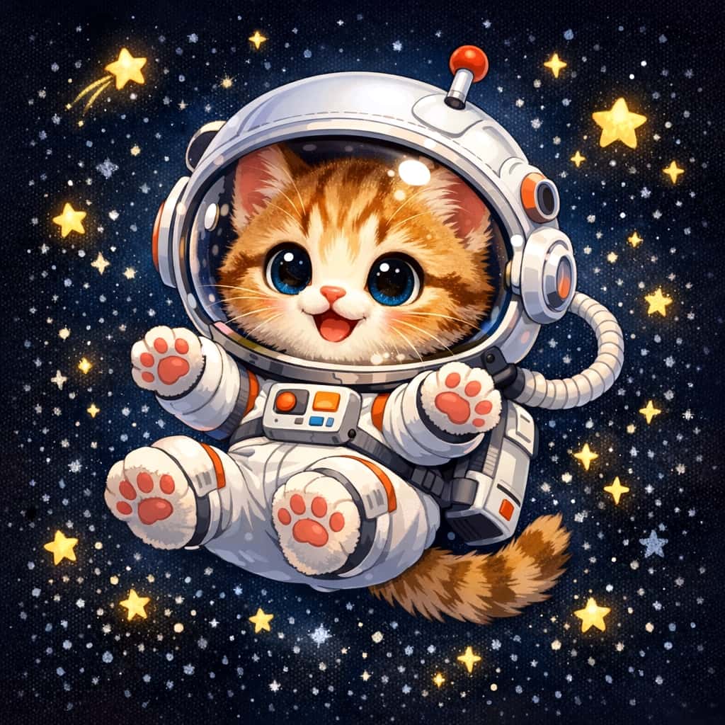 「わーい！宇宙遊泳楽しいニャ😸✨ キラキラお星様の中で、肉球全開の大はしゃぎ🚀🧡」A cute cartoon illustration of a cheerful orange tabby kitten astronaut floating in space. The kitten wears a spacesuit with a bubble helmet shaped for its ears, smiling and showing its pink paw pads amidst twinkling stars and a comet. 宇宙服を着て、耳の形をした透明なヘルメットをかぶった、アニメ調の茶トラ子猫のイラスト。笑顔で手足を広げ、ピンクの肉球を見せながら、星や流れ星が輝く宇宙空間を楽しそうに漂っている
