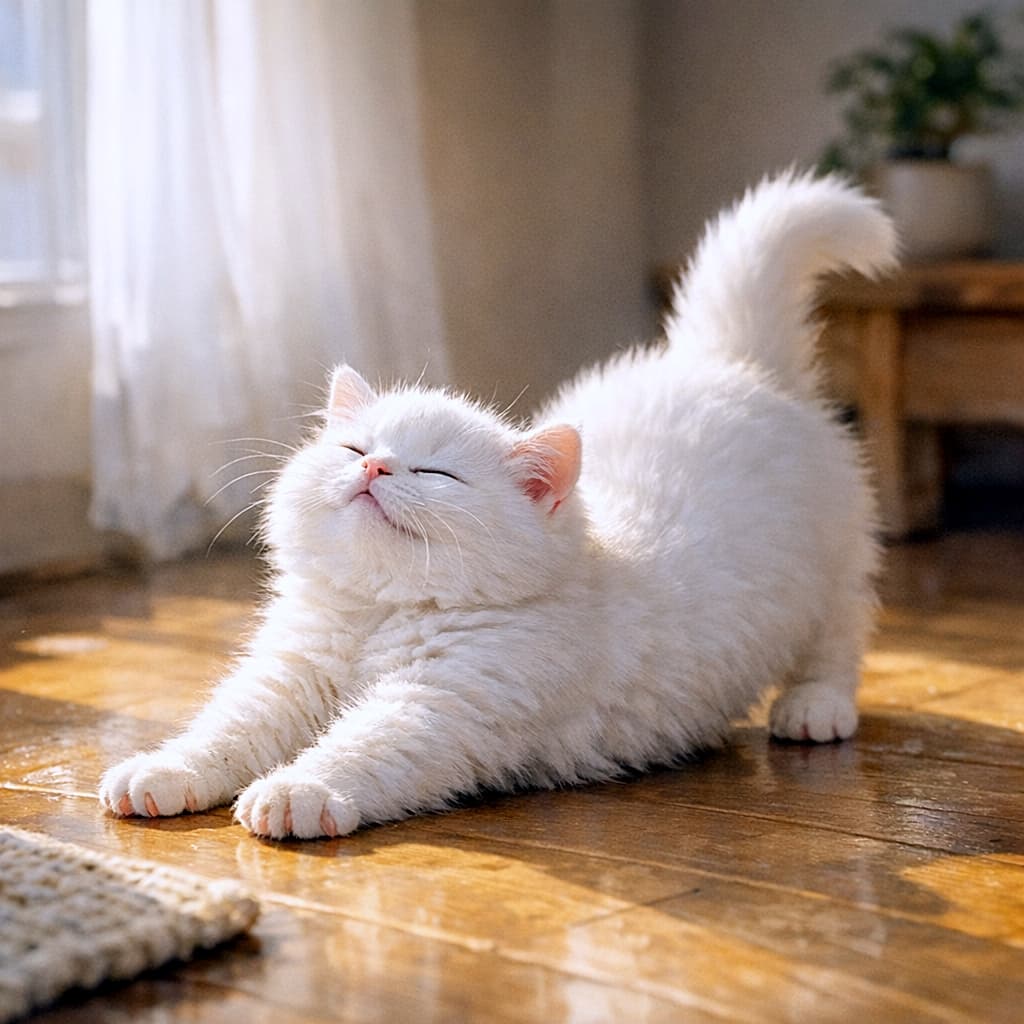 「ん〜っ！朝一番の全力ストレッチ☀️ ぽっちゃりボディがたまらない、癒やしのふわふわ白猫ちゃん🤍」A fluffy gray kitten sleeping peacefully, snugly wrapped in a chunky beige knitted blanket. The kitten's paws are tucked near its face, creating a cozy and warm atmosphere. ざっくりと編まれたベージュのニットブランケットに包まれて、気持ちよさそうに眠るふわふわのグレーの子猫。前足を顔の近くに添え、温かく幸せそうな寝顔を見せている