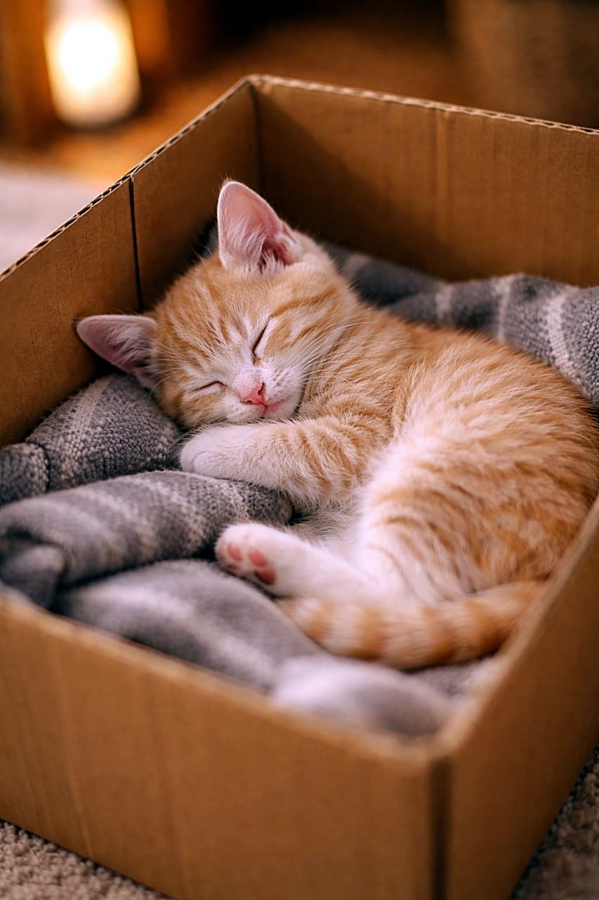 「段ボールが最高のベッドに大変身。ふわふわ毛布に包まれて、すやすや夢の中の子猫に思わずほっこりする一枚です🐾」A photorealistic cream tabby kitten sleeping peacefully inside a cardboard box lined with a soft blanket under warm indoor lighting. 暖かい室内の光の中、毛布を敷いた段ボール箱で気持ちよさそうに眠るクリーム色の子猫のフォトリアルな写真