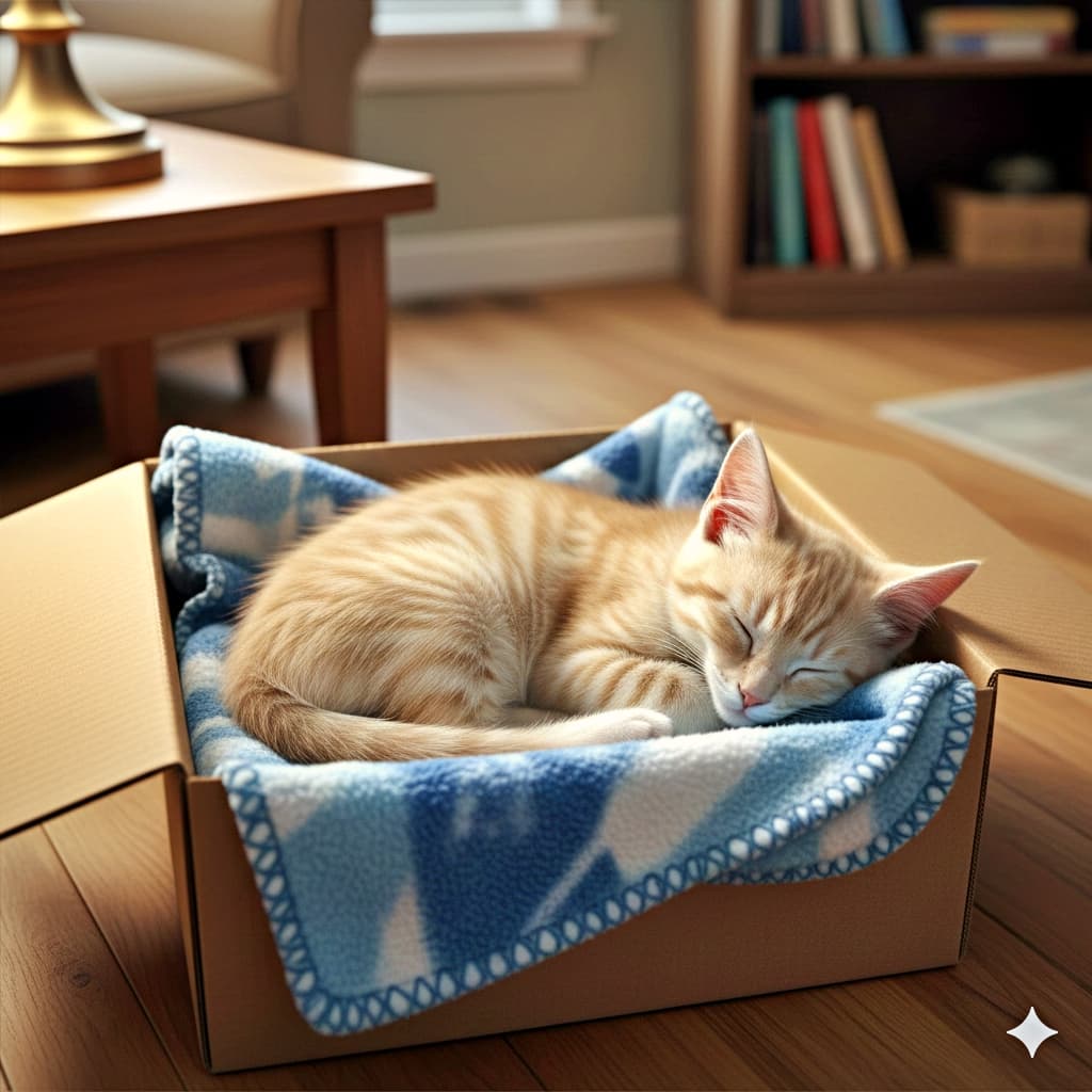 「ふわふわ毛布にくるまれて、段ボールが最高のベッドに♪本棚の静けさが子猫の夢を守るよ」Photorealistic image of a cream tabby kitten peacefully sleeping in a cardboard box lined with a blue and white fleece blanket. The box rests on a wooden floor in a warmly lit living room, with a side table and bookshelf in the background. クリーム色のトラ柄子猫が、青と白のフリース毛布が敷かれた段ボール箱の中で静かに眠っているフォトリアルな画像。箱は木の床の上に置かれ、背景にはサイドテーブルと本棚がある暖かみのあるリビングルームの一角