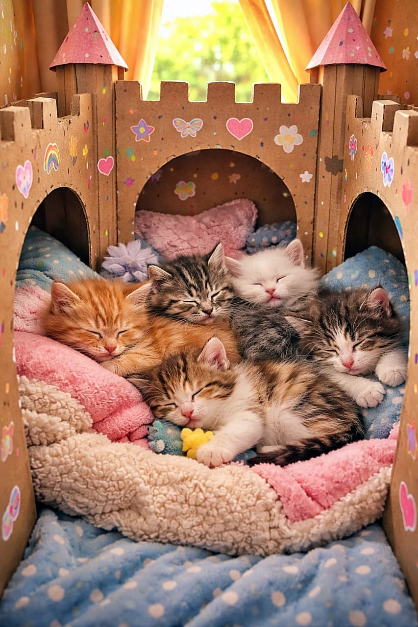 「シールいっぱいのお城でぎゅうぎゅうお昼寝中💤夢の子猫キャッスルが可愛すぎる!」Five kittens sleeping together inside a handmade cardboard castle decorated with colorful stickers and soft blankets in a cozy playful setting カラフルなステッカーとふわふわ毛布で飾られた手作り段ボールのお城の中で寄り添って眠る5匹の子猫