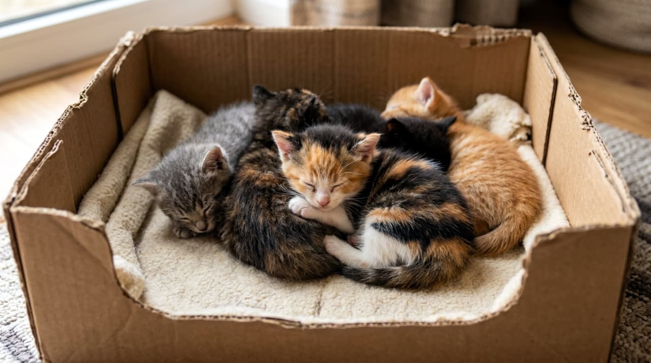 「段ボールは子猫たちの楽園✨みんなでくっついて夢の中…癒やし度120%の可愛さをお届けします🐾💖 #子猫 #癒やし」Ultra-realistic high-quality photograph of five tiny kittens sleeping huddled together on a soft blanket inside a cardboard box. The group features various colors including calico, ginger, tabby, and black, captured in a cozy atmosphere with soft natural lighting. 段ボール箱の中、柔らかな毛布の上で身を寄せ合って眠る5匹の子猫たち。三毛猫、茶トラ、サビ猫、グレー、黒など色とりどりの子猫が円を描くように固まっており、横から差し込む穏やかな自然光が温かい雰囲気を演出している高品質な写真