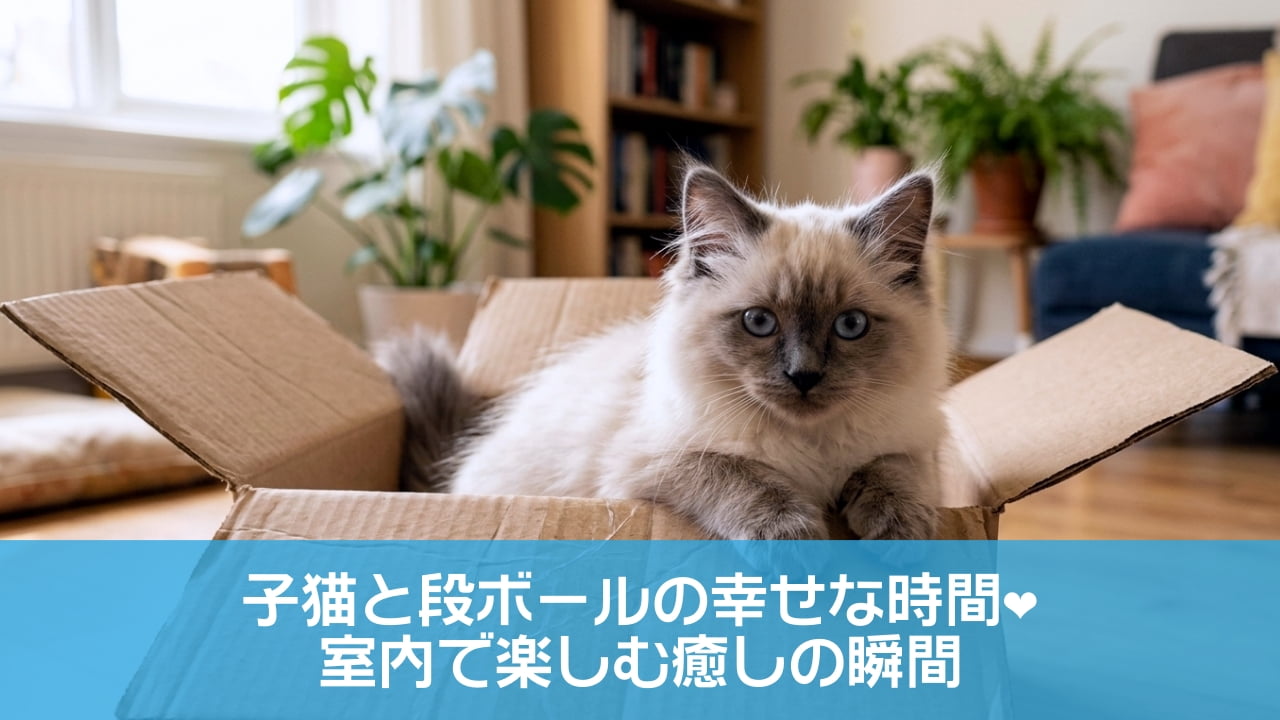 「ボクの新しいお城へようこそ！📦✨吸い込まれそうな青い瞳で見つめられたら、もうメロメロ間違いなしニャ💙お部屋でまったり最高だニャ〜🌿🐾」A highly detailed and photorealistic image shows a fluffy, light-colored kitten with striking blue eyes and dark grey markings on its face and ears sitting inside an open cardboard box. The kitten is looking directly at the camera with a calm and curious expression while resting its paws on the bottom of the box. The setting is a cozy, sunlit living room with visible indoor plants like a Monstera, a wooden bookshelf, and a blue sofa in the blurred background. 鮮やかな青い瞳と、顔や耳にある濃いグレーのポイントカラーが特徴的な、ふわふわした毛並みの子猫が、開いた段ボール箱の中に座っている非常に詳細でフォトリアルな画像です。子猫は前足を箱の中に置き、穏やかで好奇心旺盛な表情でまっすぐカメラを見つめています。背景は日当たりの良い居心地のリビングルームで、モンステラなどの観葉植物や木製の本棚、青いソファが美しくぼかして描かれています