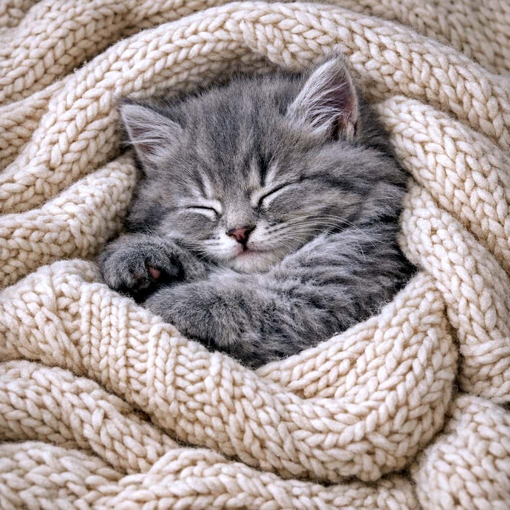 「ぬくぬくニットでスヤスヤお昼寝🧶グレーのモフモフ天使に癒やされて、今日一番のほっこりタイム💕💤」A fluffy gray kitten sleeping peacefully, snugly wrapped in a chunky beige knitted blanket. The kitten's paws are tucked near its face, creating a cozy and warm atmosphere. ざっくりと編まれたベージュのニットブランケットに包まれて、気持ちよさそうに眠るふわふわのグレーの子猫。前足を顔の近くに添え、温かく幸せそうな寝顔を見せている