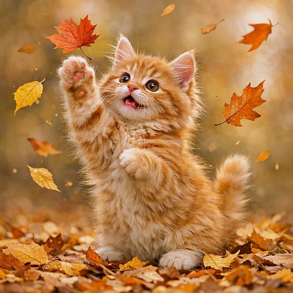 「それっ！赤い葉っぱつかまえたニャ🍁 肉球見せつけて、秋の森で大はしゃぎ🧡🍂」A fluffy orange tabby kitten standing on its hind legs in an autumn forest, reaching up with its paw to catch a falling red maple leaf. Its mouth is open in excitement, and the ground is covered with fallen leaves under warm golden light. 秋の森で後ろ足で立ち、舞い落ちる赤いカエデの葉をキャッチしようと前足を伸ばしている、ふわふわの茶トラ子猫。興奮して口を開けており、地面は落ち葉で覆われ、温かい黄金色の光に包まれてい