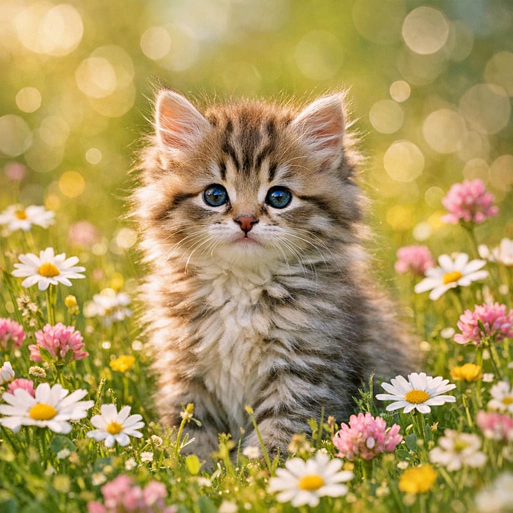「お花畑に舞い降りた天使？🌼✨ ふわふわの毛並みが光に透けて、春の妖精さんみたい🧚‍♀️💕」A fluffy tabby kitten with blue eyes sitting in a sunlit field filled with white daisies and pink wildflowers. The soft backlighting creates a halo on the kitten's fur against a dreamy bokeh background. 柔らかな日差しの中、白いヒナギクやピンクの野花に囲まれて座る、ふわふわの長毛のキジトラ子猫。背景の玉ボケと逆光で輝く毛並みが、春の妖精のような幻想的な雰囲気を作り出している