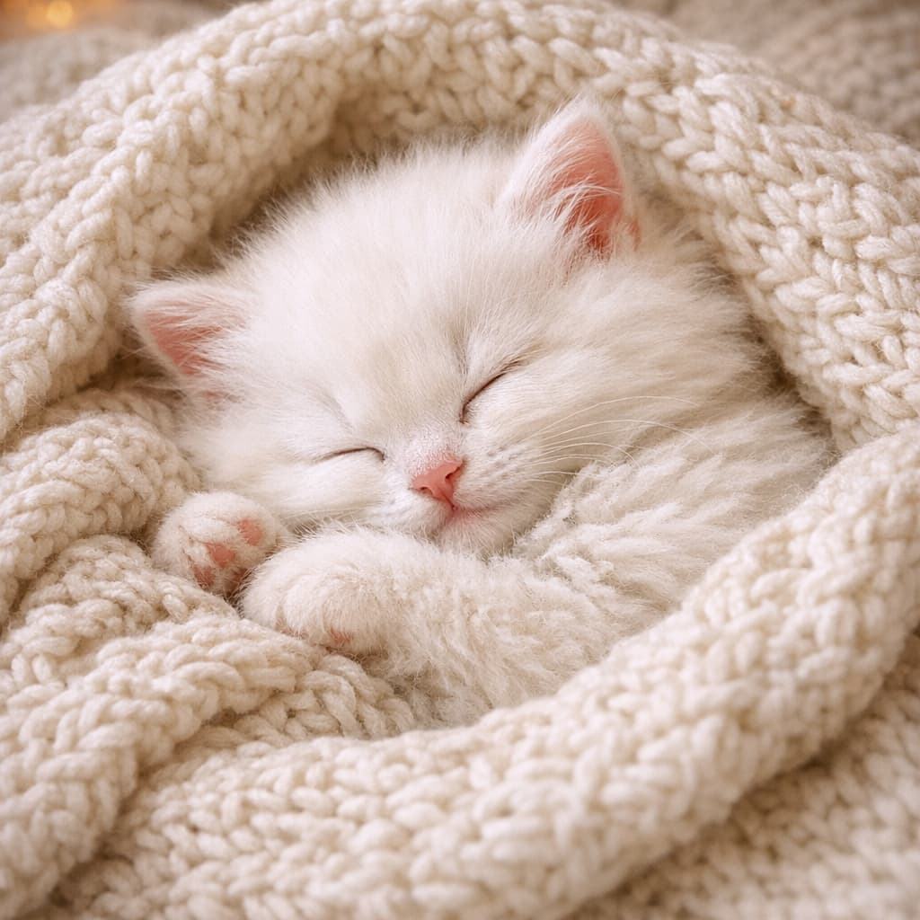「白いモフモフに埋もれてスヤスヤ…☁️ ピンクのお鼻と肉球がたまらない！究極の癒やしタイム💤🤍」A high-angle close-up of a fluffy white kitten sleeping peacefully, wrapped in a chunky white knitted blanket. The kitten's pink nose and paw pads are visible, creating a soft, cozy, and warm atmosphere. ざっくりとした編み目の白いニットブランケットに包まれて、安らかに眠るふわふわの白猫の子猫。顔の近くに添えられた前足からピンクの肉球が覗き、温かく心地よい雰囲気に包まれている