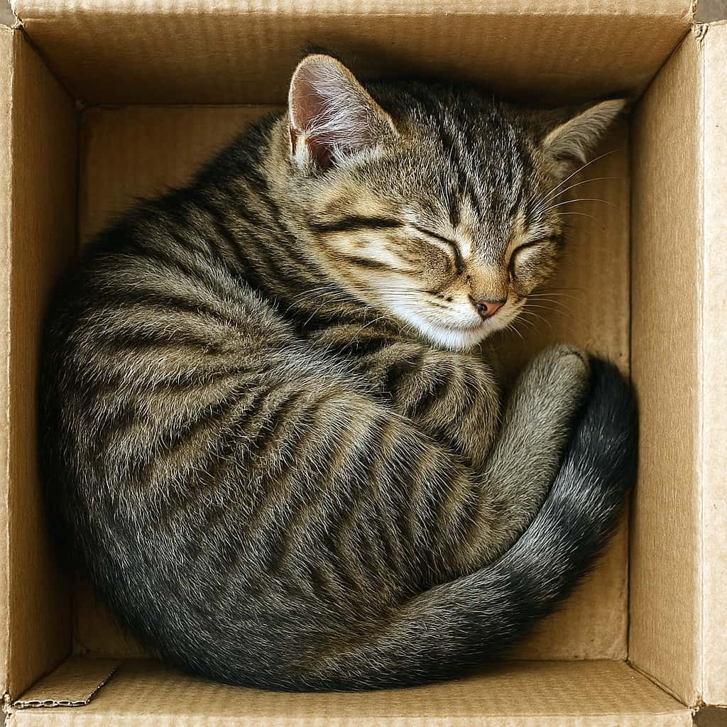 「ぴったりフィット!箱の中で夢見る子猫ちゃん♪」A photorealistic image of a single tabby kitten curled up and sleeping inside a cardboard box, viewed from above. The kitten's body forms a tight circle, nestled snugly in the box. 段ボール箱の中で丸くなって眠る一匹のトラ猫の子猫を上から見た写実的な画像。子猫は箱の中にぴったり収まり、体を丸めて眠っている