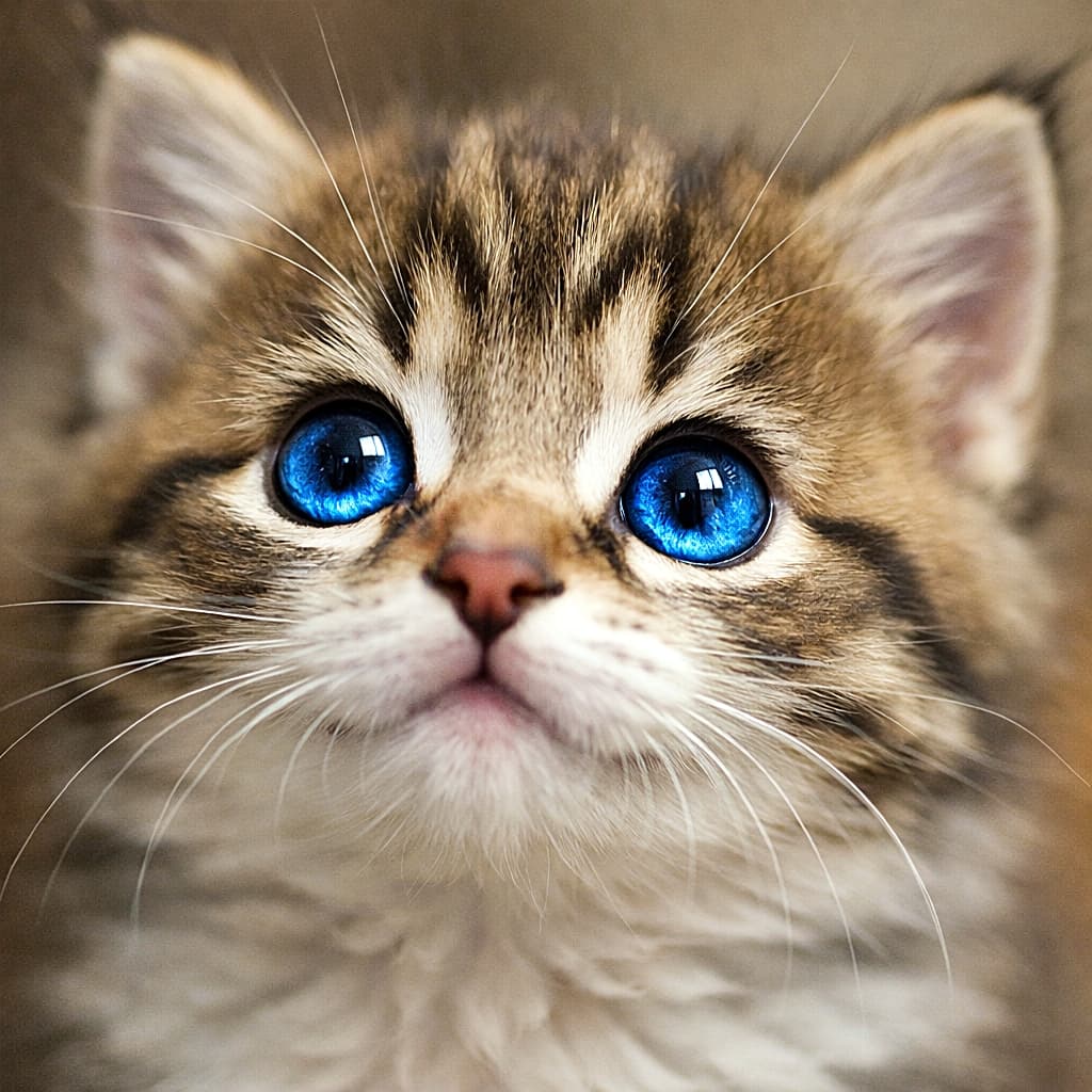 「その瞳に吸い込まれそう…💙 キラキラお目々で見上げる子猫ちゃんに、もうメロメロ！🥺✨」A detailed close-up photograph of a brown tabby kitten's face, focused on its large, sparkling blue eyes looking directly upward. The shallow depth of field blurs the ears and background. 茶トラの子猫の顔のクローズアップ写真。キラキラと輝く大きな青い瞳が上を見上げており、浅い被写界深度で目元にピントが合い、背景はボケている