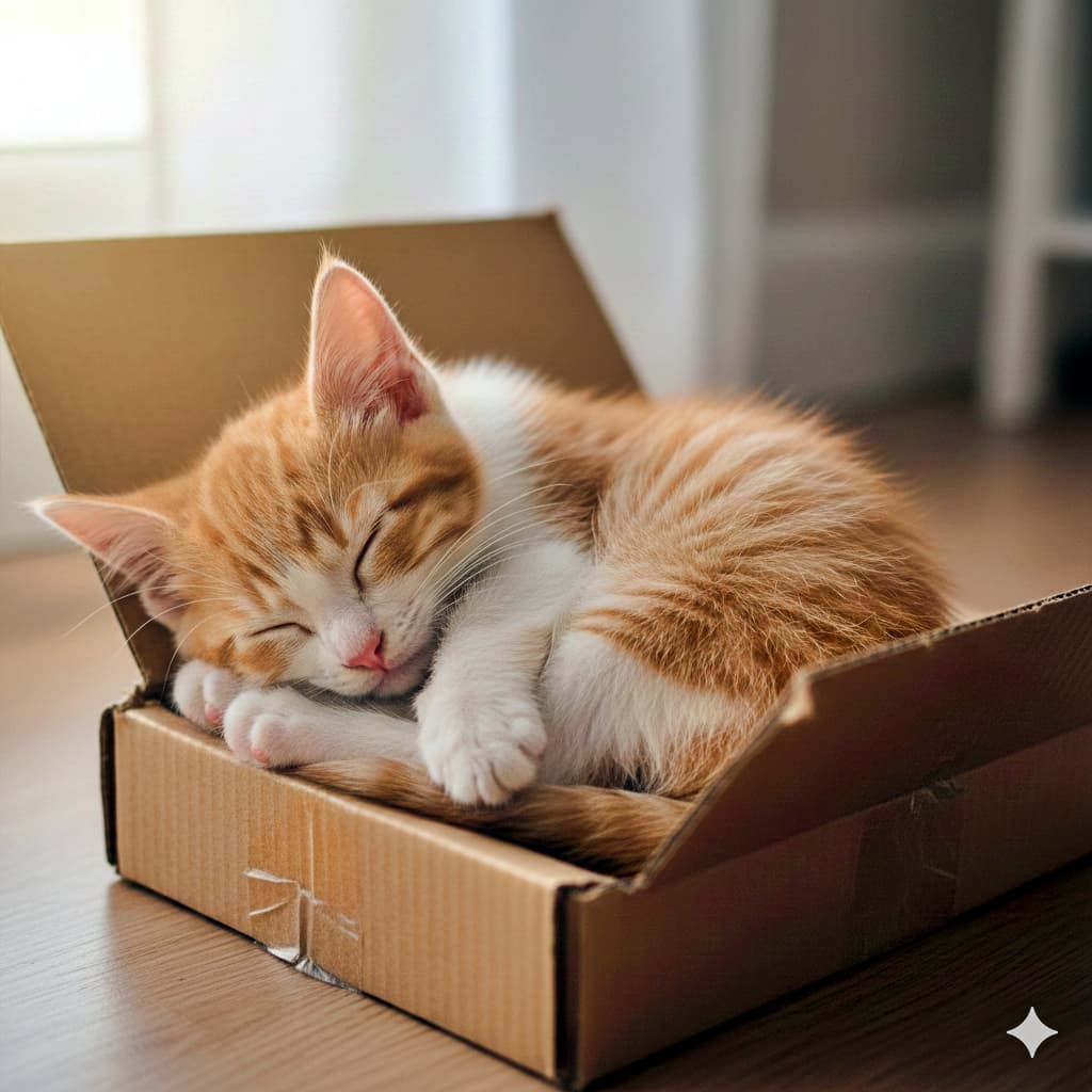 A small orange and white kitten sleeps curled up inside a cardboard box on a wooden floor near a sunlit window, evoking a peaceful and secure feeling. オレンジと白の子猫が段ボール箱の中で丸くなって眠っている。木の床と窓から差す自然光が、安心感と静けさを醸し出す