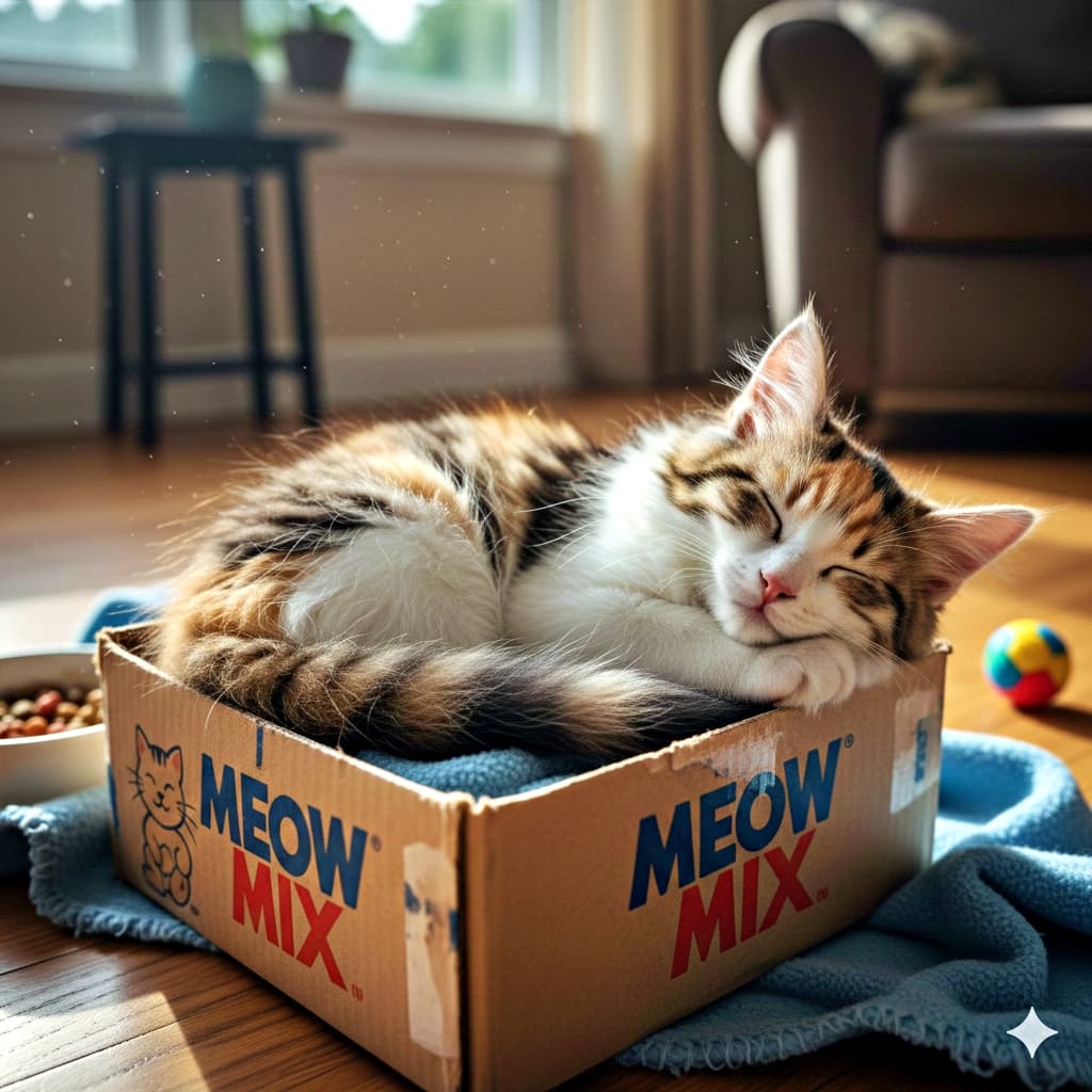 A fluffy multicolored kitten sleeps inside a "MEOW MIX" cardboard box on a blue blanket, with a toy ball and food bowl nearby in a warm, sunlit room. 「MEOW MIX」の段ボール箱で眠るふわふわの子猫。青い毛布の上に置かれ、近くにはおもちゃのボールと餌皿。陽だまりの室内が心地よい