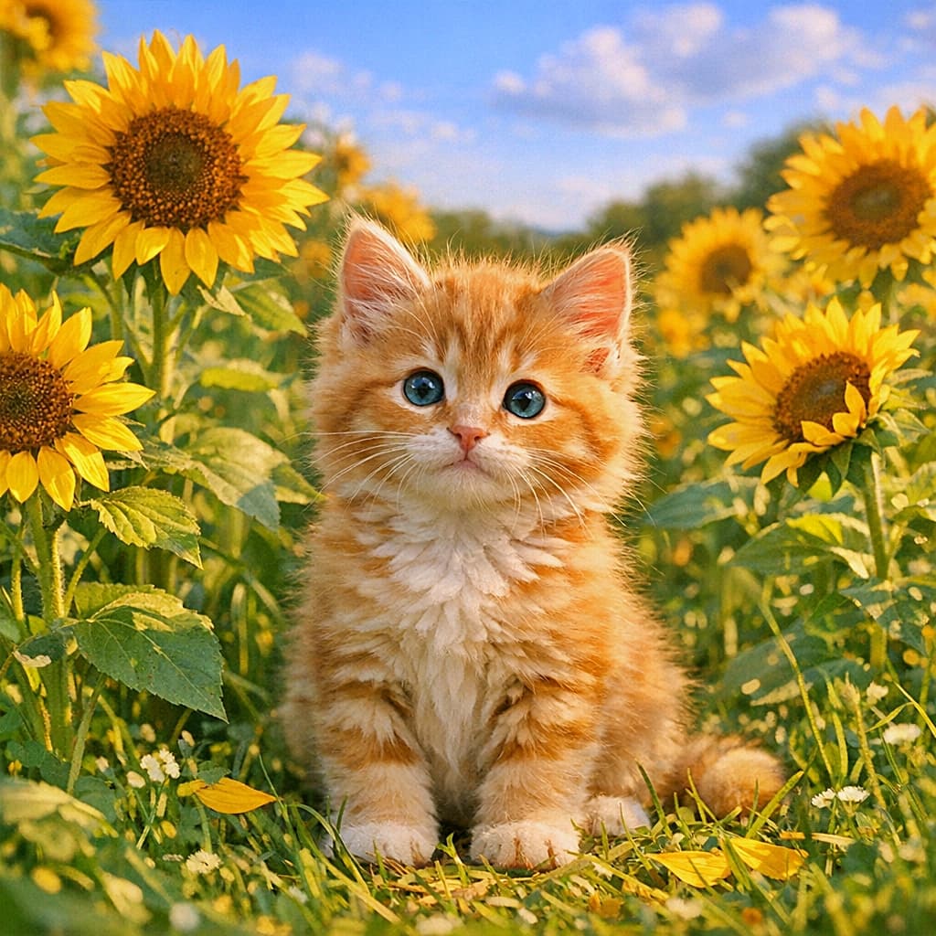 「ひまわりよりも眩しい笑顔🌻✨ 青空の下、黄色い世界に迷い込んだ小さな太陽みたいな子猫ちゃん☀️🧡」A fluffy orange tabby kitten with blue eyes sitting in a vibrant field of blooming sunflowers under a bright blue summer sky with white clouds. 青空と白い雲の下、満開のひまわり畑の中に座る、青い瞳をしたふわふわのオレンジ色（茶トラ）の子猫。黄色と青のコントラストが美しい、夏らしい光景