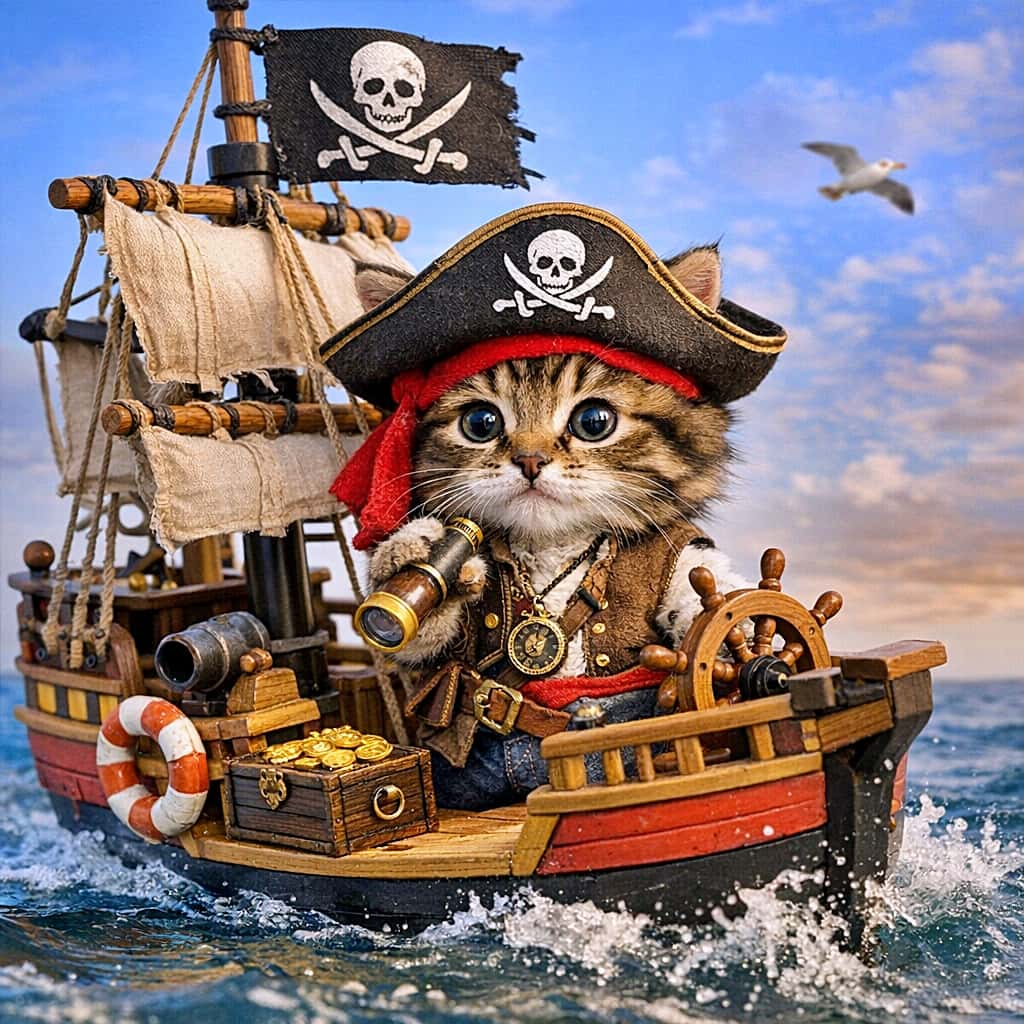「ヨーホー！海の男だニャ😼 ドクロの旗を掲げて、お宝探しの大冒険へ出発！🏴‍☠️✨」A fluffy tabby kitten dressed as a pirate, complete with a skull hat, red bandana, and telescope, sails on a detailed wooden toy pirate ship on the open ocean. The ship features a skull and crossbones flag and a treasure chest filled with gold. ドクロの帽子と赤いバンダナを身につけ、望遠鏡を持ったキジトラの子猫が、木製の海賊船の模型に乗って海を航海している様子。船にはドクロの旗が掲げられ、金貨が入った宝箱が積まれている