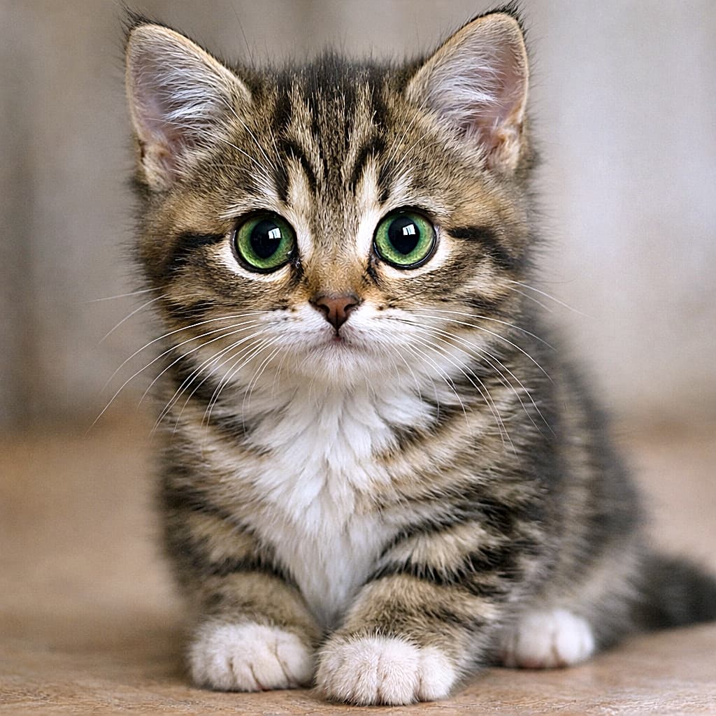 「じーっ…👀 大きな緑の瞳で見つめられたら、もう何も断れない！？ 可愛すぎるリアル子猫ちゃん🌿✨」A photorealistic front-view portrait of a fluffy tabby and white kitten with large, shiny green eyes. The kitten is sitting politely with its white paws together, looking directly at the viewer under soft, natural lighting. 正面を向いてちょこんと座っている、リアルでふわふわなキジトラ白の子猫。大きく輝く緑色の瞳でこちらをじっと見つめている。前足の先は白く、柔らかな光に包まれている