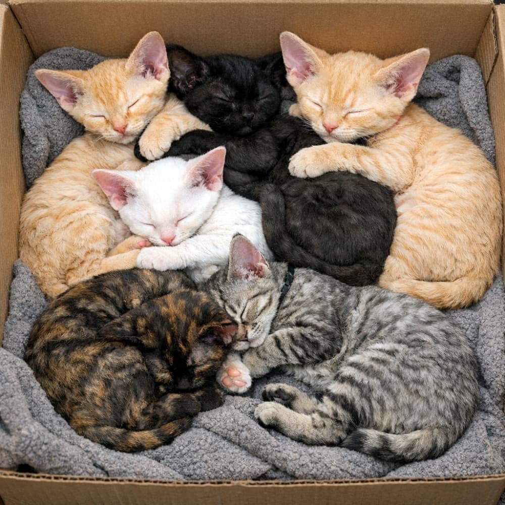 「カラフルな毛並みが自慢です🌈✨ どの子をなでなでしてみたい? #猫画像 #デボンレックス子猫 #モフモフ」Ultra-realistic high-quality photograph of six Devon Rex kittens with vibrant fur colors (orange, black, white, tabby) sleeping intertwined on a grey fuzzy blanket inside a box. High-detail overhead shot highlighting the unique curly texture of their fur. グレーのふわふわした毛布が敷かれた段ボール箱の中で、複雑に絡み合って眠る6匹の子猫。鮮やかなオレンジ、漆黒、白、サバトラなど、それぞれの毛色のコントラストが美しく、デボンレックスらしい縮れた被毛のディテールが鮮明に写し出されている、真上からの俯瞰構図