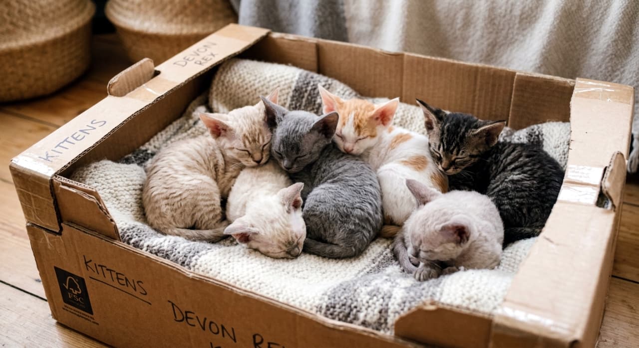 「「デボンレックス在中」!?📦✨ 箱いっぱいに詰まったモフモフの宝石箱や〜! #子猫部 #猫好きさんと繋がりたい #癒やし」Ultra-realistic high-quality photograph of six kittens huddled together in a cardboard box labeled 'KITTENS' and 'DEVON REX'. The kittens, featuring various coat patterns, are sleeping on a textured knit blanket on a wooden floor in a bright, natural-lit room. 「KITTENS」「DEVON REX」と手書きされた段ボール箱の中で、寄り添って眠る6匹の子猫。白、グレー、茶トラ、キジトラなど多様な模様の子猫たちが、編み目の粗いブランケットの上でひとかたまりになっている。明るい室内で木目調の床に置かれた箱の、斜め上からの構図