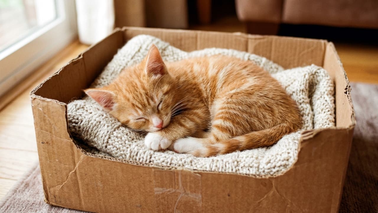 「ふかふか毛布とダンボールの最強コンビ。📦✨ ぽかぽか陽気におやすみなさい🐾」A ginger tabby kitten sleeping peacefully in a horizontal position inside a cardboard box lined with a chunky knit blanket, soft indoor lighting, cozy and warm atmosphere, realistic photo. 陽の光が差し込む部屋で、ニットのブランケットを敷いたダンボールの中に収まって眠る茶トラの子猫。横向きに丸まったポーズで、あたたかく穏やかな雰囲気のリアルな写真