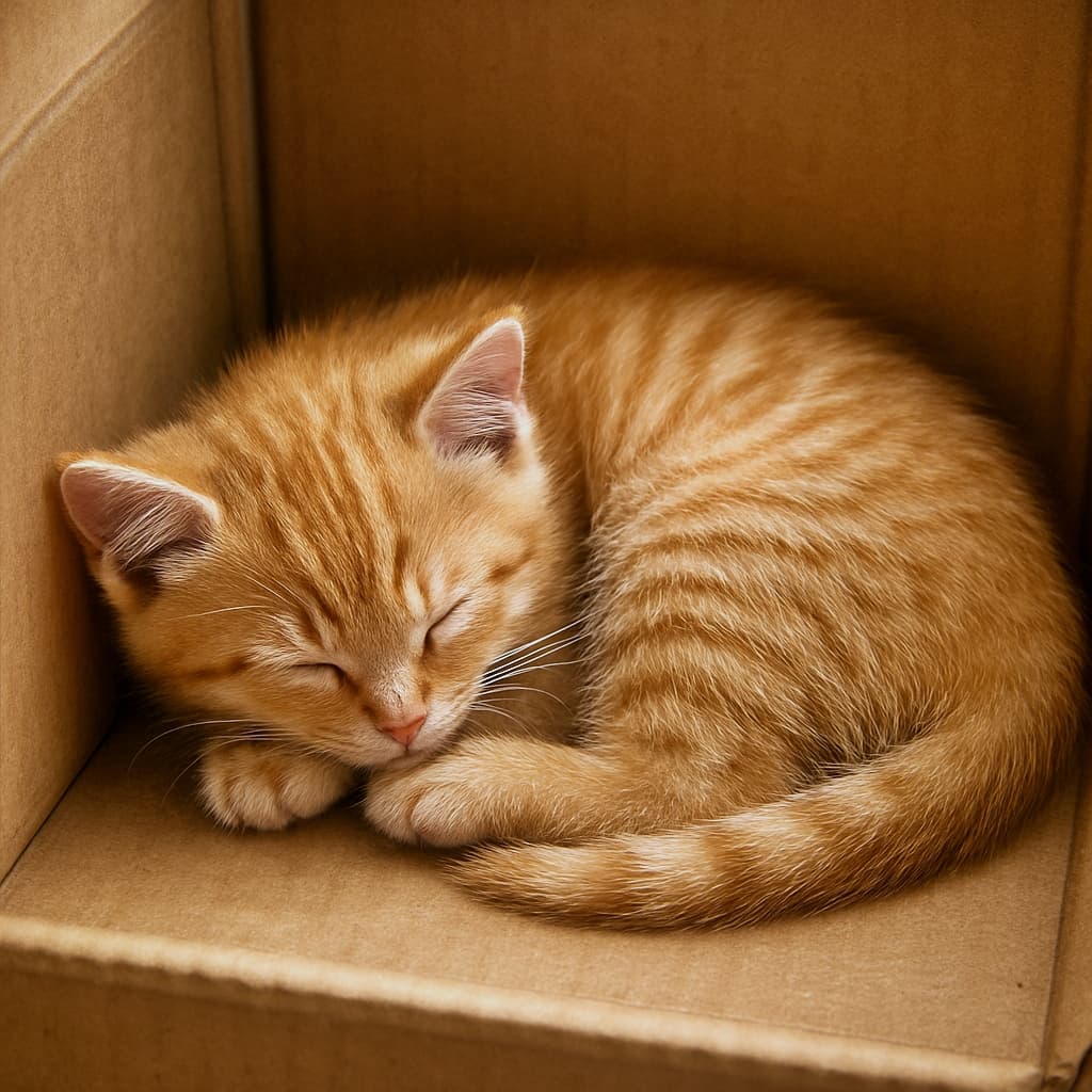 A ginger tabby kitten curled up and sleeping inside a cardboard box, photorealistic and softly lit. 段ボール箱の中で丸くなって眠っている茶トラの子猫。フォトリアルな描写で、柔らかい光に包まれている