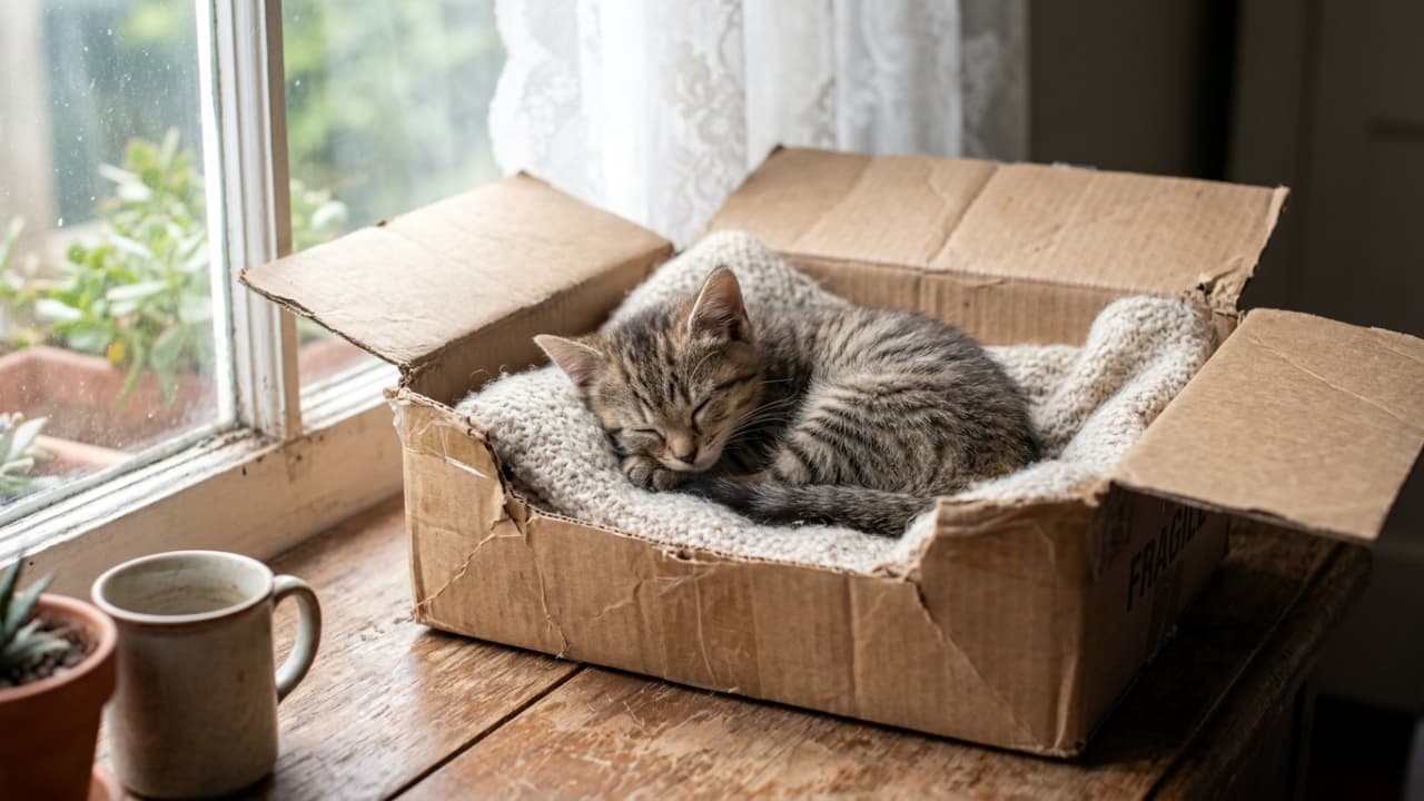 「日向ぼっこしながらお昼寝タイム📦💤 窓際で見つけた小さな幸せに、心までポカポカになっちゃうね🐈✨」Ultra-realistic high-quality photograph of a tiny tabby kitten sleeping peacefully in a cardboard box lined with a soft blanket. Positioned by a sunlit window, the scene includes a coffee mug and a succulent plant in the foreground, creating a cozy and warm atmosphere. 窓際の明るい場所に置かれた段ボール箱の中で、柔らかそうな毛布にくるまって眠るキジトラの子猫。手前にはコーヒーカップと多肉植物の鉢植えがあり、温かみのある生活感と静かな昼下がりの雰囲気を感じさせる高品質な画像