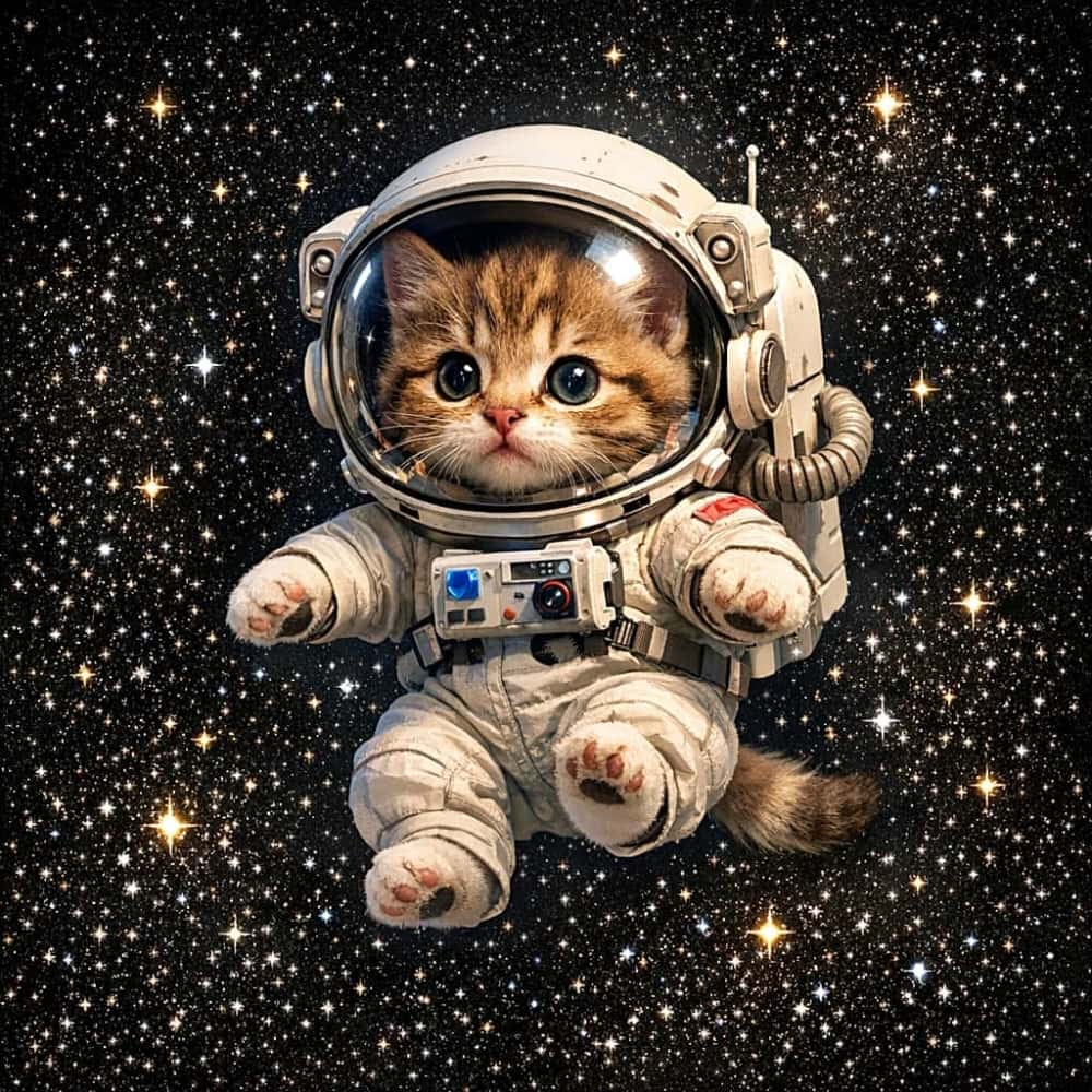 「宇宙へ出発だニャ！🚀 キラキラお星様の中をふわふわ遊泳中💫 目指すは銀河の果て！？」A fluffy tabby kitten wearing a detailed white astronaut suit and helmet, floating gently in the vastness of deep space. The kitten is surrounded by countless tiny, glittering stars against a dark background. 精巧な白い宇宙服とヘルメットを着用したふわふわのキジトラ子猫が、無数の星が輝く宇宙空間を漂っている様子。ヘルメットの中から愛らしい顔が覗いている