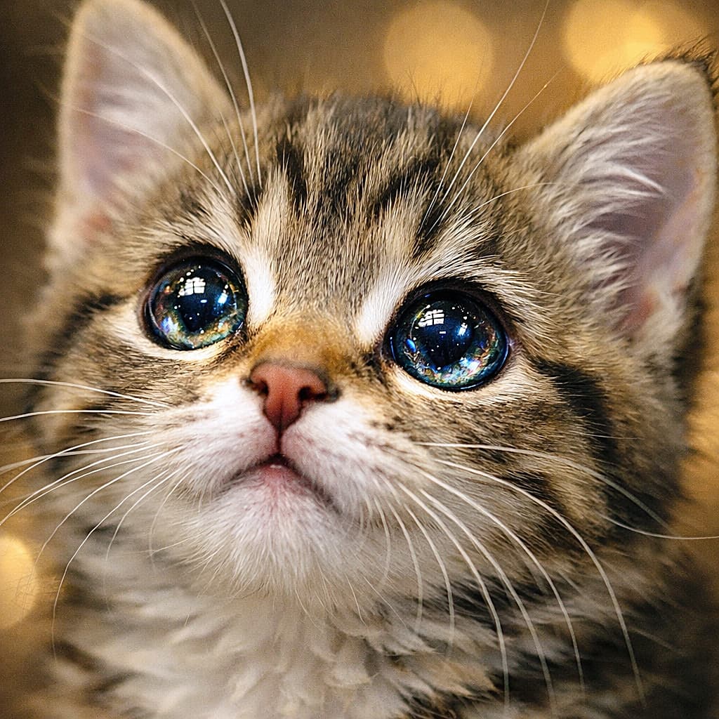 「瞳の中に銀河を発見！？🌌✨ うるうる輝く瞳で見つめるキジトラちゃんの、奇跡のドアップにキュン死確定💘」An extreme close-up of a fluffy tabby kitten's face, focusing on its mesmerizing, sparkling eyes that reflect light like galaxies. The kitten looks upward with an innocent expression against a soft, golden bokeh background. キジトラ子猫の顔の超クローズアップ写真。銀河のように光を反射してキラキラと輝く大きな瞳が特徴的で、温かい金色の玉ボケを背景に、無垢な表情で上を見上げている