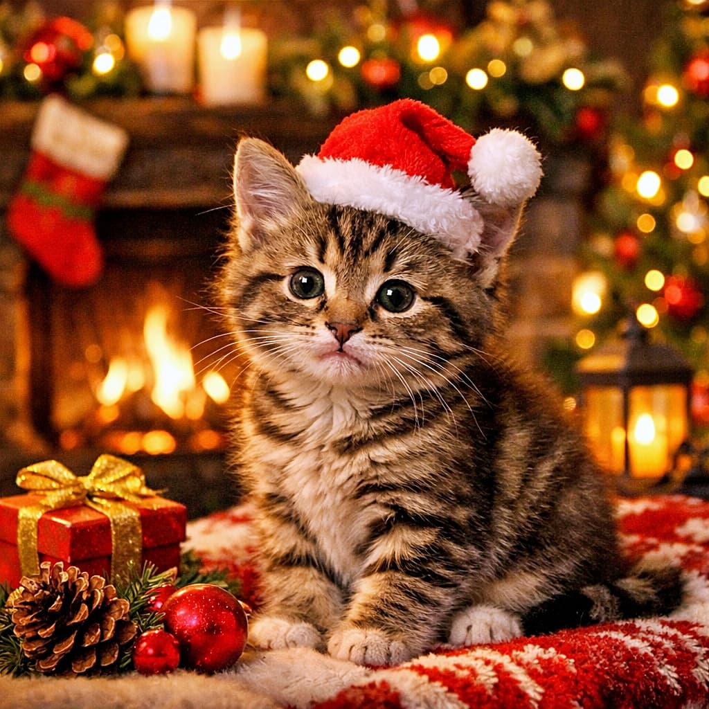 「プレゼントはボクだにゃ🎁？ 暖炉の前でいい子にしてる、可愛すぎる子猫サンタクロース🐱❤️」A cute tabby kitten wearing a small red Santa hat sits on a cozy rug in front of a lit fireplace decorated with Christmas lights, stockings, and gifts. The atmosphere is warm and festive. 暖炉の前で小さなサンタ帽子をかぶって座っている可愛いキジトラの子猫。背景にはクリスマスツリーのライト、靴下、プレゼントがあり、暖かくお祝いの雰囲気に包まれている