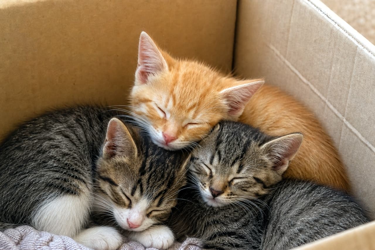 「幸せの渋滞中…📦✨ 箱の中で寄り添って眠る子猫たちに癒やされすぎて、もう仕事が手につきません🐾💕」An ultra-realistic high-quality photograph of three kittens—one ginger tabby and two brown tabbies—sleeping peacefully together inside a cardboard box. The kittens are huddled close with their heads resting on each other. The composition is a close-up shot featuring soft, natural lighting that emphasizes the fine texture of their fur. 段ボール箱の中で、互いに頭を寄せ合ってぐっすりと眠る3匹の子猫(茶トラ1匹、キジトラ2匹)。温かみのある柔らかな光が差し込み、子猫たちの繊細な毛並みや寝顔が鮮明に描写された、高品質でリアルなクローズアップ写真