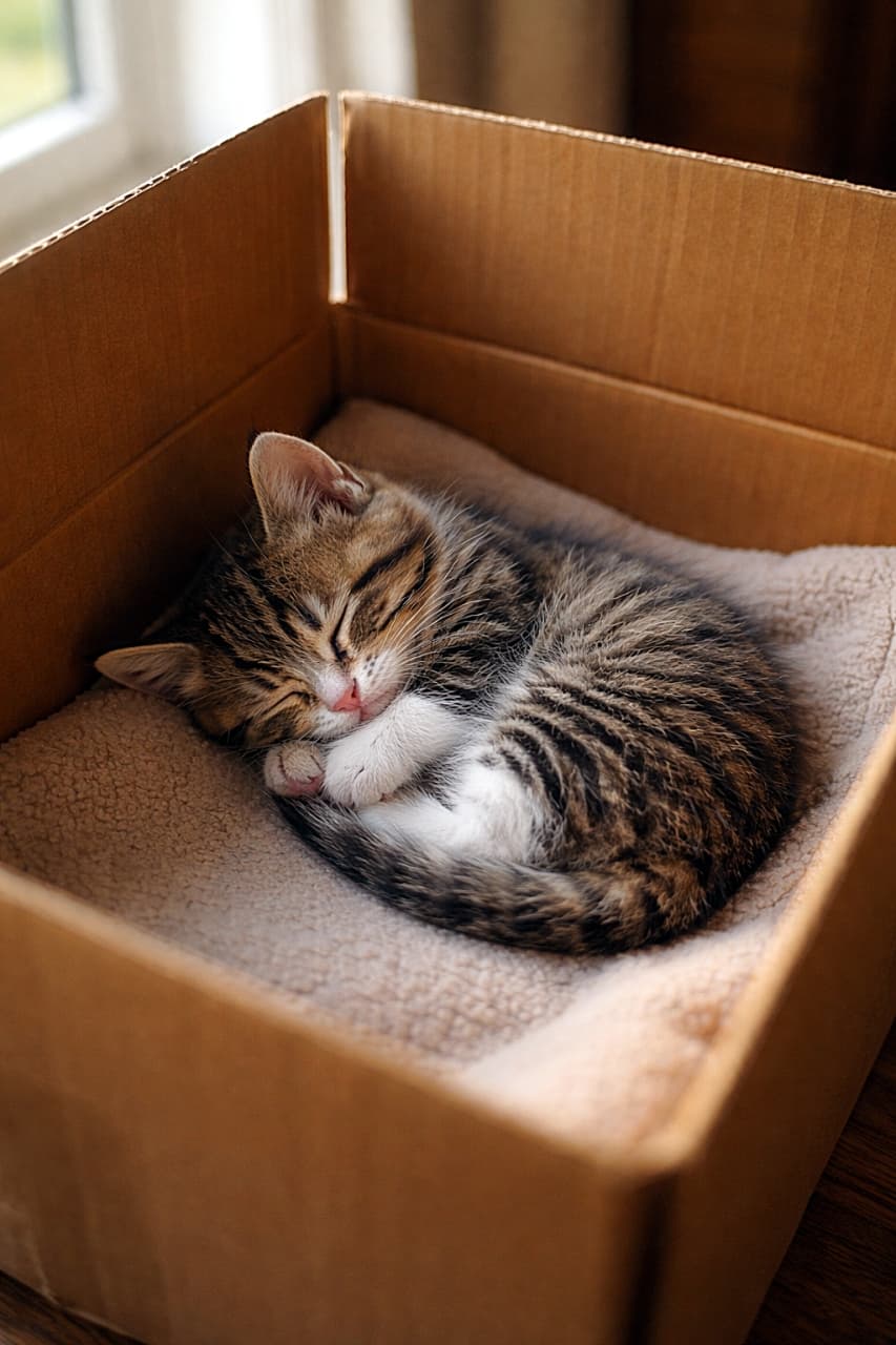 「こんな小さな箱でも幸せ満タン♪すやすや眠る姿に癒やされ度100%! 🐾💤」A tiny tabby kitten curled up and sleeping peacefully inside a cardboard box, illuminated by soft window light, photorealistic and high resolution. 段ボール箱の中で丸くなって気持ちよさそうに眠る小さなキジトラ子猫。窓からのやわらかな光に包まれた高精細な写真