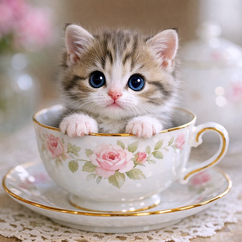 「ティーカップからひょっこり☕️ うるうるな青い瞳で見つめる姿は、まるで小さなお姫様？🎀💕」A tiny tabby and white kitten with large, innocent blue eyes sitting inside a vintage white teacup decorated with pink roses. The kitten rests its small paws on the rim of the cup, which sits on a matching saucer and a lace doily. ピンクのバラ模様が描かれた白いアンティーク調のティーカップの中にすっぽりと入り、縁に前足をかけている、大きな青い瞳のキジトラ白の子猫。カップはレースのドイリーの上に置かれている