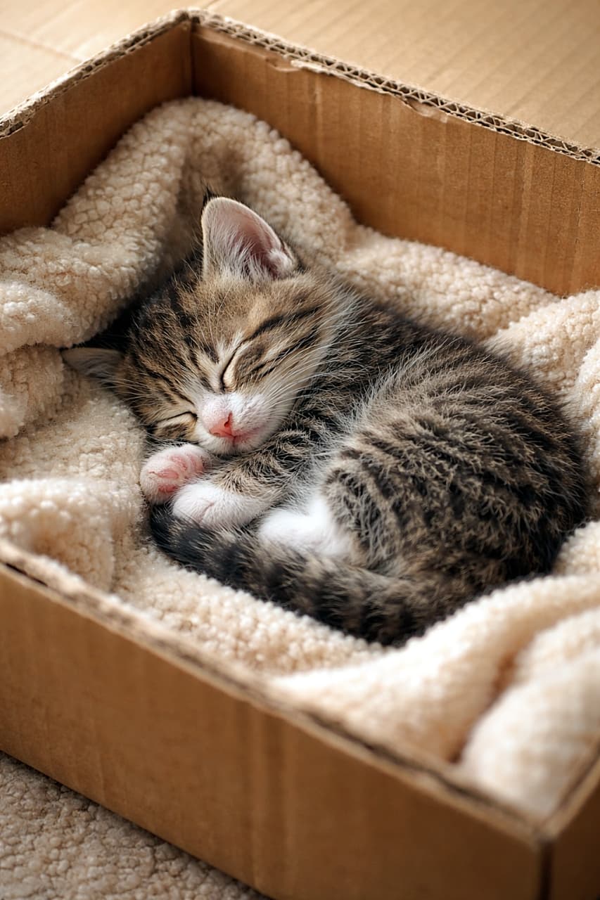 「ふわふわ毛布でぐっすり💤箱の中で夢の世界にトリップ中!」A tiny tabby kitten sleeping curled up in a slightly worn cardboard box with a soft cream blanket, cozy and peaceful. 少し使い古された段ボール箱の中で、ふかふかのクリーム色の毛布に包まれて丸くなって眠る小さな茶トラの子猫