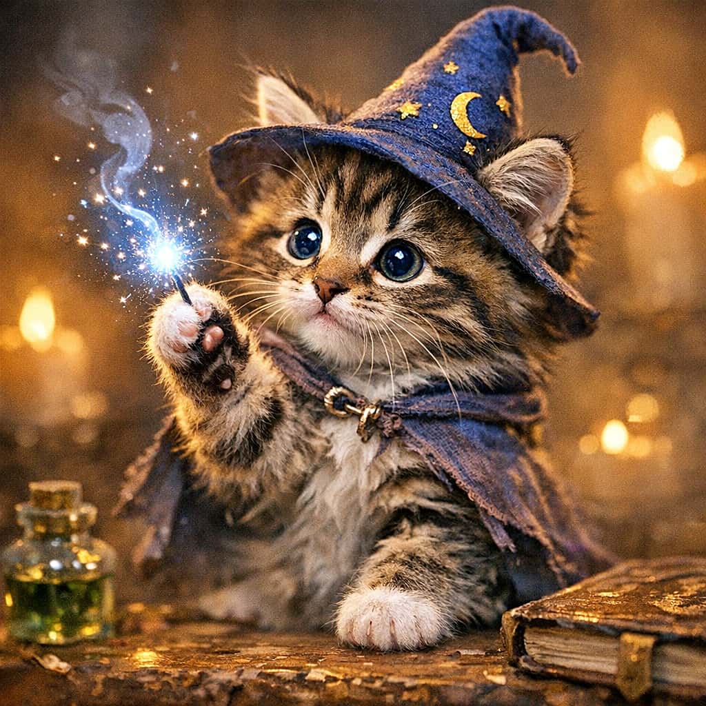 「ちちんぷいぷい🧙‍♂️ 小さな魔法使いが呪文を唱えたよ！青い火花がパチパチ、何の魔法かな？✨💙」A fluffy tabby kitten wearing a blue wizard hat with star and moon embroidery and a matching cape, holding a small wand from which blue sparks and smoke are rising. The kitten is on a wooden table surrounded by old books, potion bottles, and candles in a dimly lit, magical atmosphere. 月と星の刺繍が入った青い魔法使いの帽子とマントを身につけ、小さな杖から青い火花と煙を出して呪文を唱えているふわふわのキジトラ子猫。薄暗い魔法使いの部屋で、古い本やポーションの瓶に囲まれている