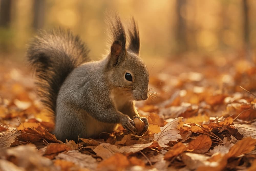 Amid fallen orange and brown leaves, a Hokkaido Squirrel inspects a nut with its front paws. The warm autumn tones highlight seasonal behavior and preparation for winter. オレンジと茶色の落ち葉に囲まれた地面で、木の実を前足で持ち見つめるエゾリス。秋の森の温かみある色彩の中、冬支度の行動が垣間見える