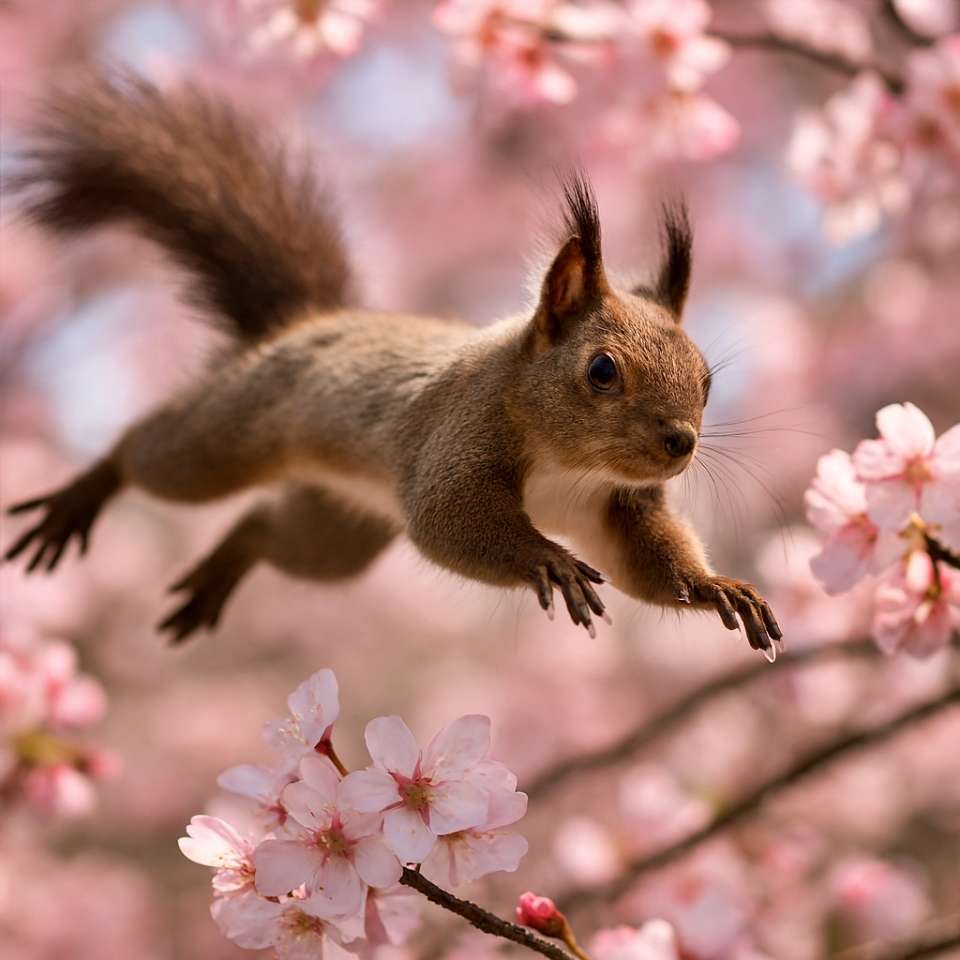 A Hokkaido Squirrel leaps through blooming cherry blossom branches, legs extended and tail raised. The soft pink flowers contrast with its dynamic airborne motion. 満開の桜の枝の間を跳ぶエゾリス。脚を伸ばし尾を高く掲げて空中を舞う姿が、淡いピンクの花々と対比して春らしい躍動感を演出している