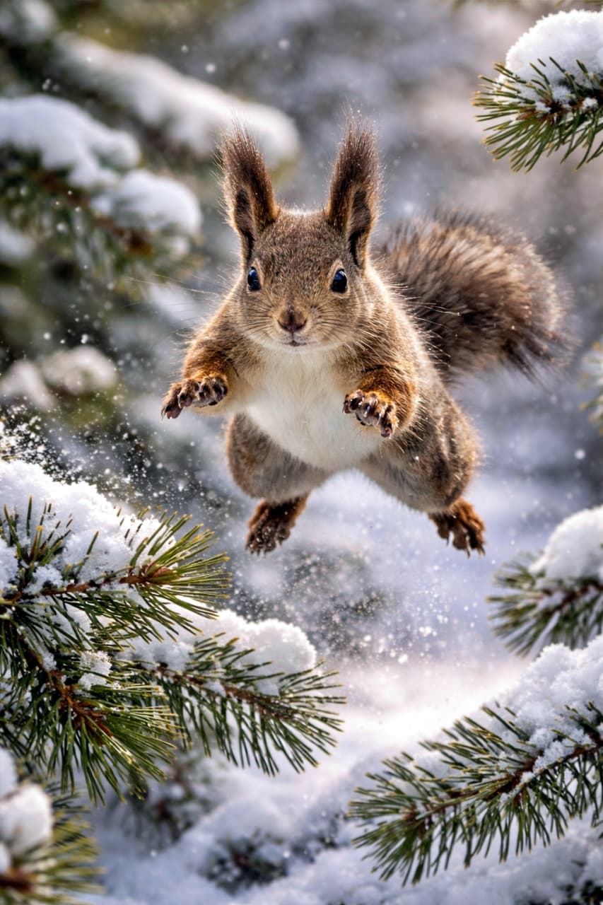「雪の森をひとっ飛び!ふわもこ全開で冬空を舞う、エゾリスの瞬間✨」A wild Eurasian red squirrel leaping between snow-covered pine branches, its fur fluffed for warmth, captured in photorealistic wildlife photography. 雪をまとった松の枝から枝へ跳躍する野生のエゾリス。寒さでふくらんだ毛並みが印象的な、リアルな野生動物写真