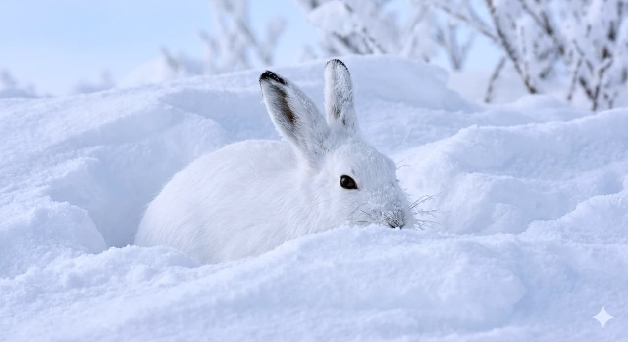 「どこにいるか分かる?👀 雪と完全に同化するエゾユキウサギ。黒い耳の先が目印のかくれんぼ名手です🐰❄️」A photorealistic close-up of an Ezo snow hare blending perfectly into a snowdrift in a winter landscape. Its pure white fur acts as camouflage against the snow, with only its characteristic black-tipped ears and dark eyes standing out as it nestles for warmth. 北海道の雪深い原野で、雪の吹き溜まりに身を潜めている真っ白なエゾユキウサギ。体毛が周囲の雪景色と完全に同化しており、特徴的な黒い耳の先とつぶらな黒い瞳だけが際立っている。寒さから身を守るように丸まっている、フォトリアルな野生動物のクローズアップ