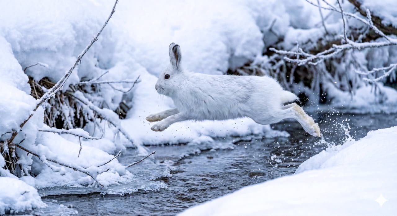 「せーのっ、ジャンプ!🐇💨冷たい小川もひとっ飛び。水しぶきが宝石みたいに輝く、奇跡の瞬間です❄️✨」A photorealistic wildlife action shot of an Ezo snow hare in mid-leap over a small, icy stream in a snowy landscape. The hare's white body is fully extended in the air, with water droplets frozen in time around its powerful hind legs, capturing a dynamic moment of survival in winter. 雪に覆われた冬の川辺で、エゾユキウサギが小さな小川を飛び越えている瞬間のフォトリアルなアクション写真。空中にある体は真っ直ぐに伸び、後ろ足が蹴り上げた水しぶきが粒となって空中で静止して見える。背景には雪の積もった枝があり、寒さと躍動感が伝わる情景